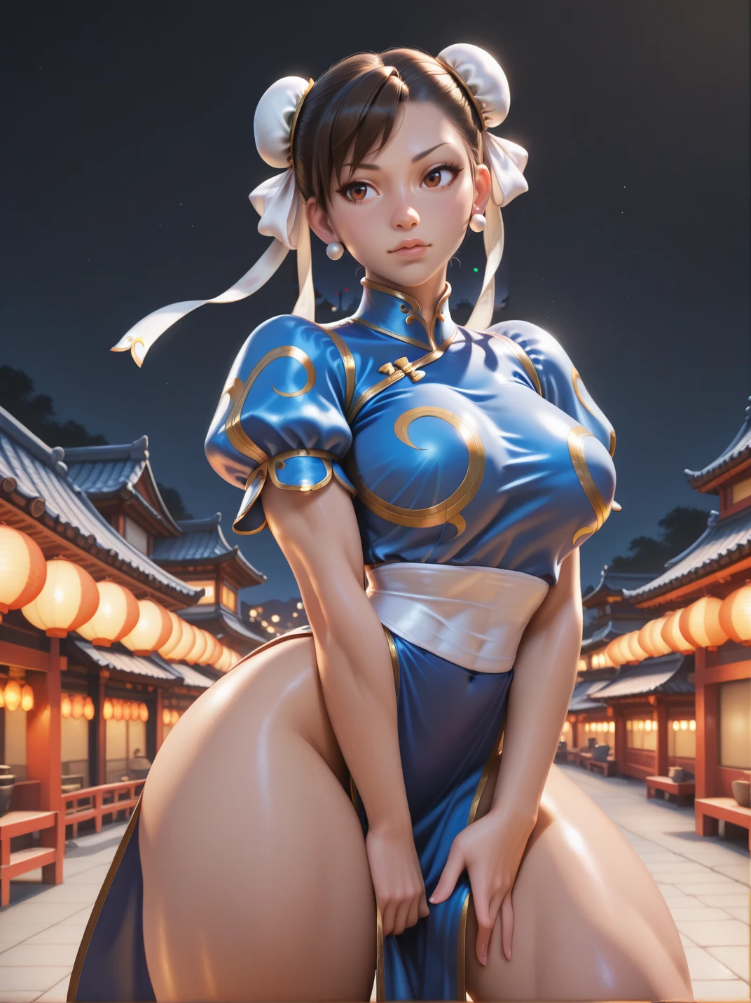 photography of chun-li from street fighters series , white panty , in the streets , red moon , perfect eyes ,