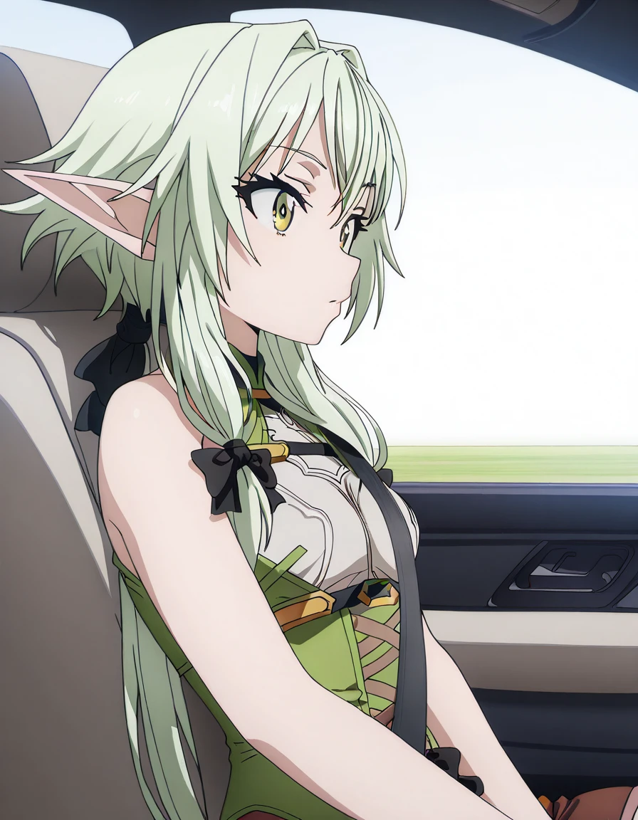 masterpiece, best quality, amazing quality,, <lora:high-elf-archer-s2-illustriousxl-lora-nochekaiser:1>, high elf archer, long hair, green eyes, bow, hair bow, black bow, sidelocks, green hair, pointy ears, elf, mature female, small breasts, anime screencap, <lora:strap-between-breasts-illustriousxl-lora-nochekaiser:1> strap between breasts, sitting, ground vehicle, between breasts, motor vehicle, car, driving, car interior, seatbelt,,