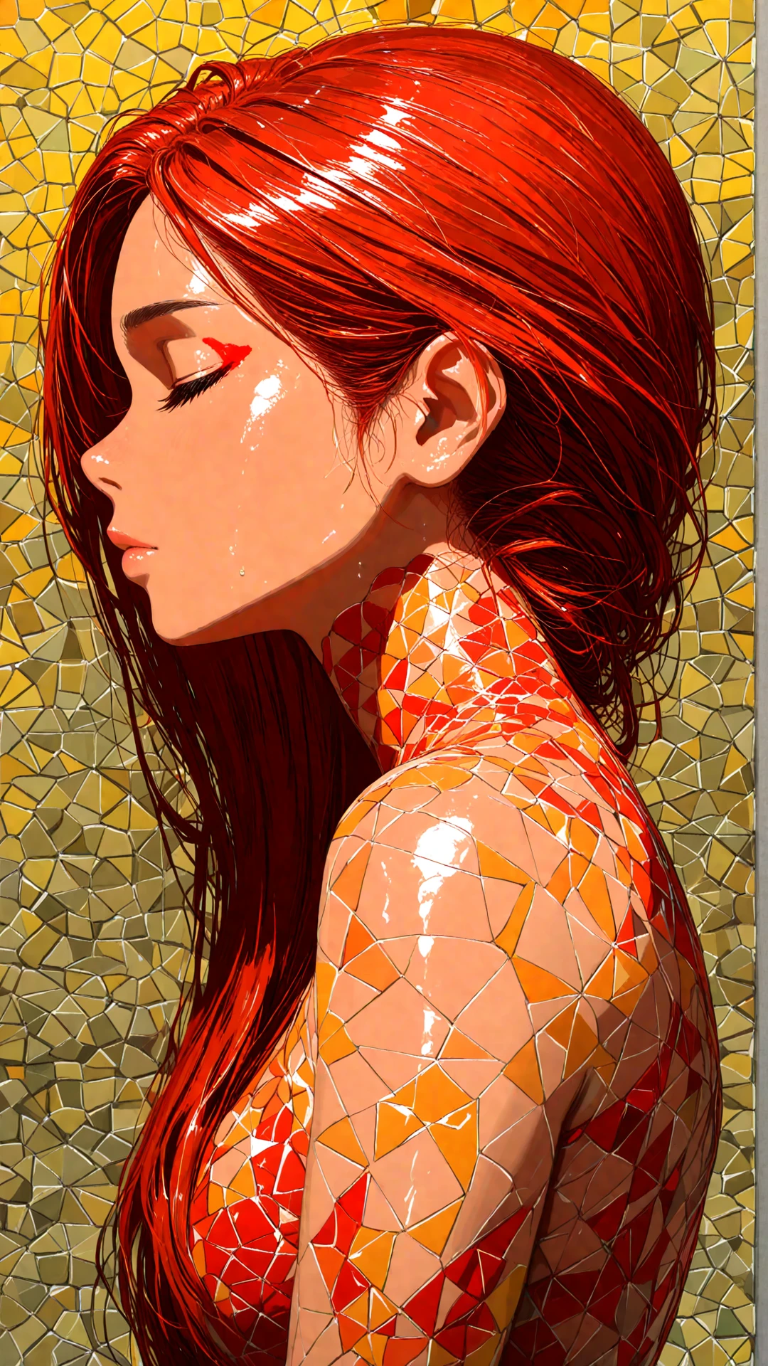 masterpiece, best quality, amazing quality, very aesthetic, absurdres, highres, newest, 2024, HDR, 8K, high detail, subtle, high contrast, real background, impasto, high contrast, shiny skin,
1gorl with her profile facing the viewer and her eyes closed. her face is painted in a combination of blue, yellow, orange, and red colors, with a mosaic-like pattern of squares and rectangles covering her face. the woman's hair is styled in a long,