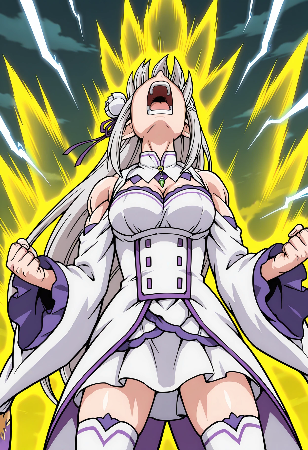 Meisterwerk, Best quality, mirkomha, Boku no hero academia, Hasen Ohren, Dunkle Haut, rote Augen, in armless, White gloves, Trikot mit hohem Beinausschnitt, (white hair, lange Haare), big , Pelzkragen, purple thighhighs, white leotard, EVIL SMILE, bedeckt