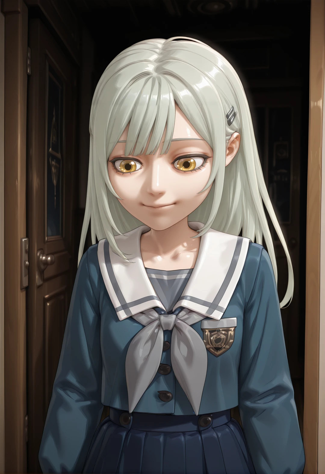 <lora:tungtungtungsahur_illustrious-000022:1>,
TungtungtungSahur,solo,1girl,dark,
white sailor collar,serafuku,blue shirt,blue skirt,grey neckerchief,<lora:wakaba_mutsumi_IlluXL:1>,yellow eyes,hairclip,Wakaba Mutsumi,light green hair,long hair