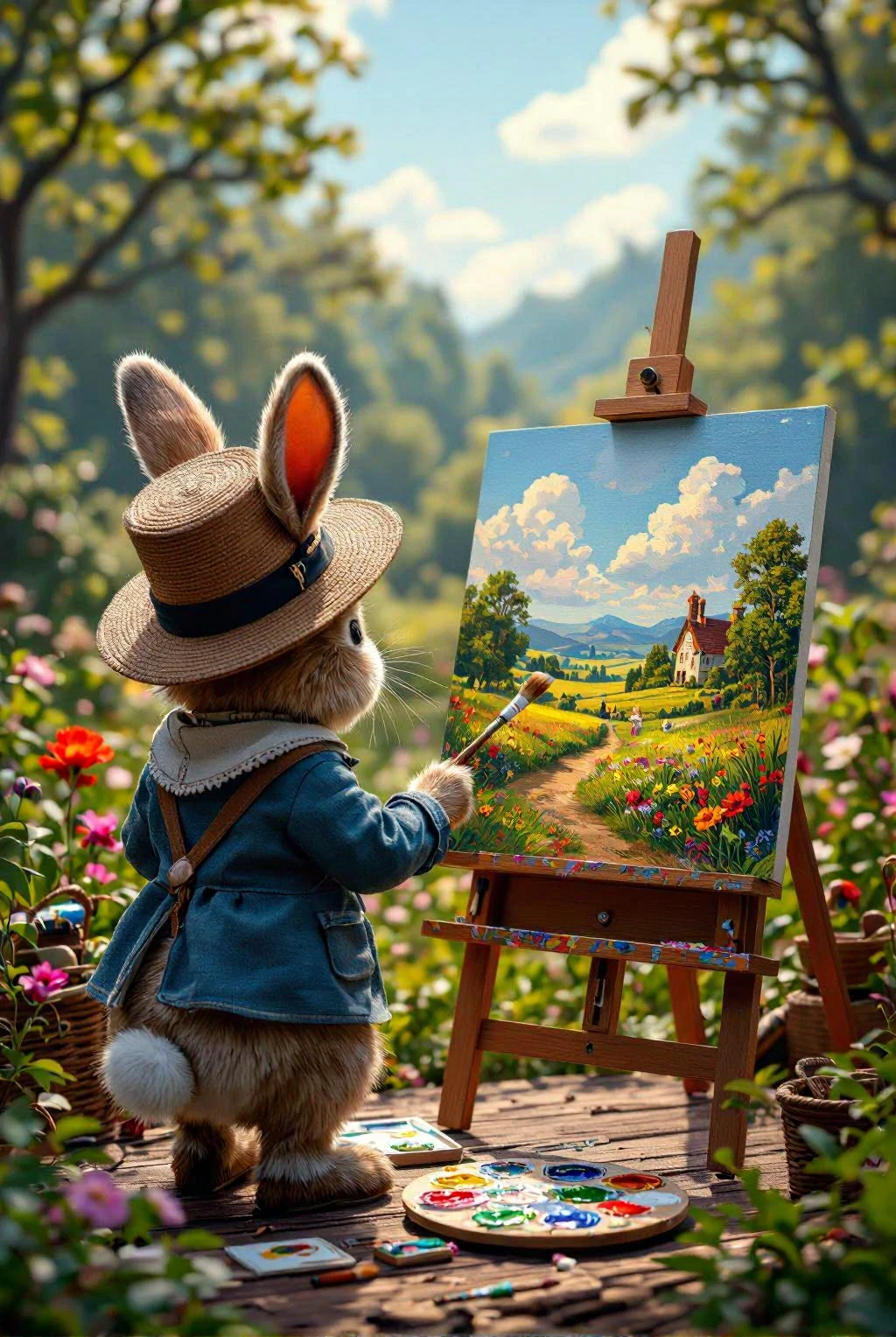 cinematic photo cinematic film still fairy tale cinematic film still Photo ((View , Peter Rabbit in staning front of an easel holding a paintbrush, painting a country landscape)). the Rabbit wearing a cylinder hat, Chibi style, cartoonish, landscape in the style of Alexander Nasmyth. Vibrant, beautiful, painterly, detailed, textural, artistic . shallow depth of field, vignette, highly detailed, bokeh, cinemascope, moody, epic, gorgeous, film grain, grainy <lora:xl_more_art-full_v1:0.5> . magical, fantastical, enchanting, storybook style, highly detailed . shallow depth of field, vignette, highly detailed, high budget, bokeh, cinemascope, moody, epic, gorgeous, film grain, grainy <lora:Hyper-SDXL-8steps-lora:1>, cinematic, colorful background, concept art, 8k, dramatic lighting, high detail, highly detailed, hyper realistic, intricate, intricate sharp details, octane render, smooth, studio lighting, trending on artstation., cinematic, colorful background, concept art, 8k, dramatic lighting, high detail, highly detailed, hyper realistic, intricate, intricate sharp details, octane render, smooth, studio lighting, trending on artstation., cinematic photorealistic, 8k uhd natural lighting, raw, rich, intricate details, key visual, atmospheric lighting, 35mm photograph, film, bokeh, professional, 4k, highly detailed . 35mm photograph, film, bokeh, professional, 4k, highly detailed