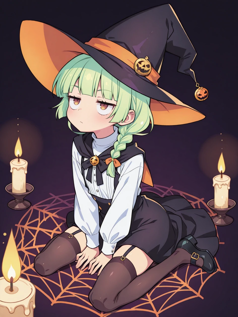 score_9, score_7_up, 2d, lineart,1girl,
witch hat, black footwear, jitome, green hair, braid, white shirt, cute, petite, sfw, fully clothed, posing, closeup, knees, stockings, dark background, cobwebs, candlelight, looking up,
<lora:Ogata_Zen:1> ogata zen,