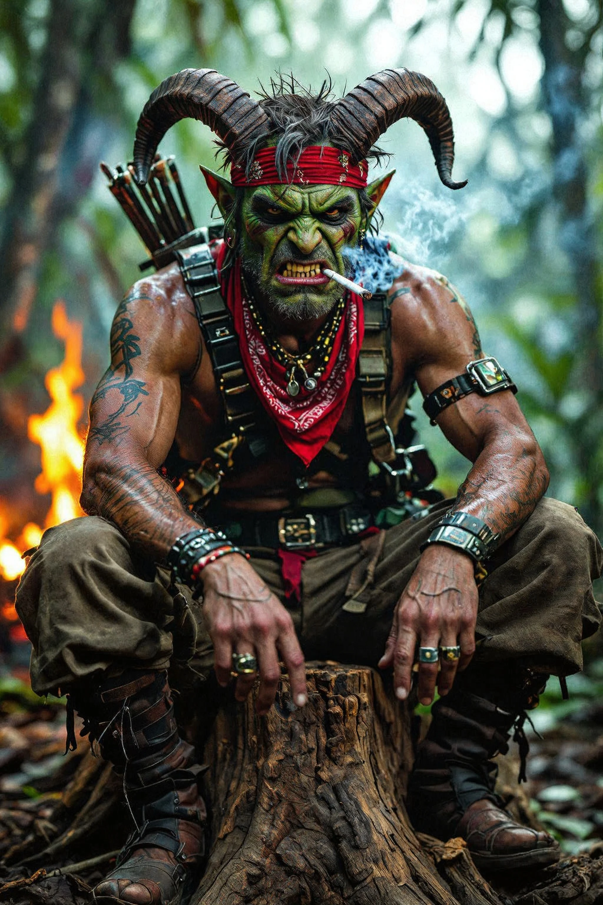 wide shot, far full frame , Portrait Photograph of a snarling battle hardened very angry green Goblin Rambo in a red bandanna , smoking a cigarette holding a massive   , sitting on a tree stump after a battle, looking at the camera, in a tropical jungle, fire behind ,  4k, 8k,  highly detailed, cinematic,  8k, dramatic lighting, high detail, highly detailed, hyper realistic, intricate, intricate sharp details,  35mm photograph, film, bokeh, professional, 4k, highly detailed