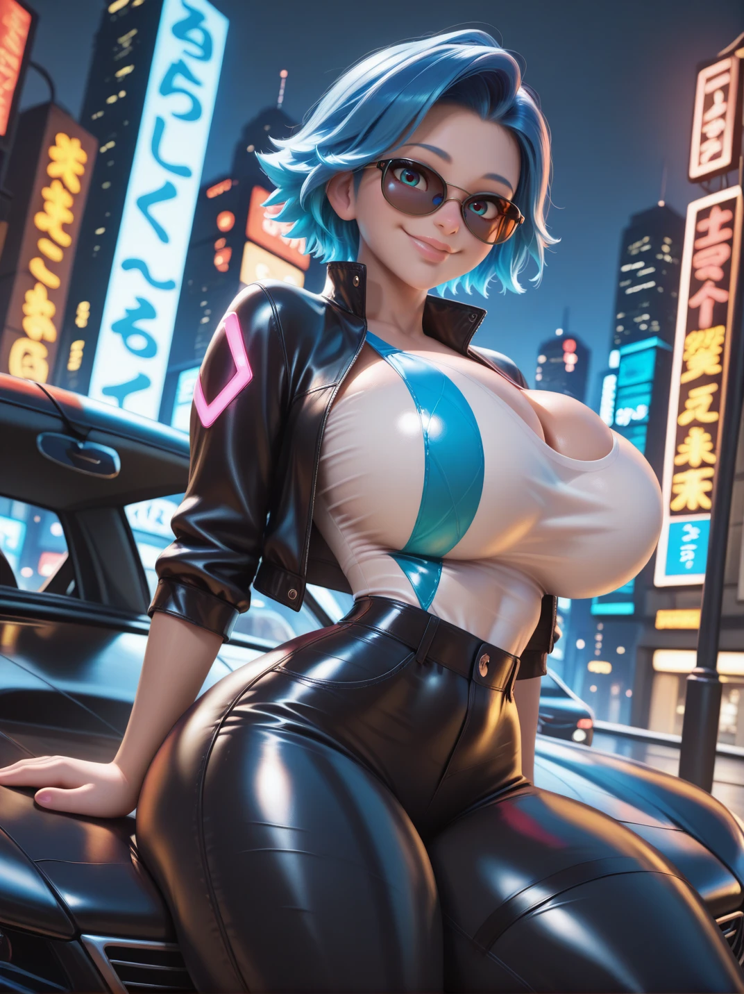 Highest quality, highest resolution, detailed depiction, delicate depiction, diverse lighting, fashion model female body type, rainbow hair, cyberpunk edge liner, cyberpunk city, radio city, global illumination, motion blur, anti-aliasing, photorealistic, ray tracing, Shinjuku cityscape, detailed background, sweaty, sweat splashes, bulging breasts, translucent white skin, bob cut, skinny, bondage, fishnet stockings, gorgeous accessories, beautiful thighs, chains, delicately drawn face, beautiful face, thin and light eyebrows, round chin, see-through outfit, big mouth, ahegao, juice, strong shine, sheer jacket, faithful depiction, rainbow outfit, rainbow eyes