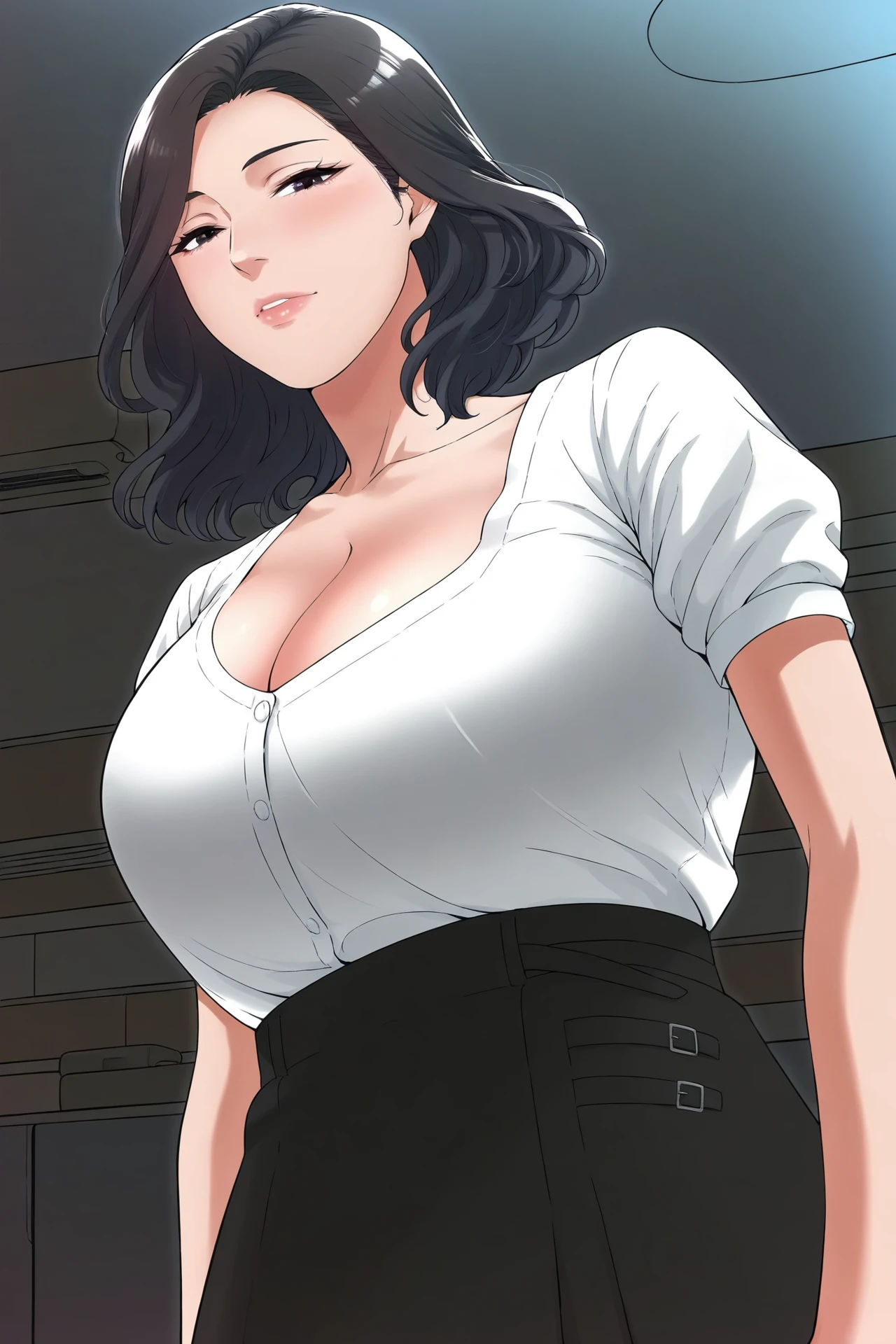 , ((High resolution)),masterpiece, high quality, 最high quality, beautiful, perfect lighting, detailed face, super cute face, ((1 girl)), ((alone), short black hair, red eyes,glasses、embarrassed look, ((blush)), looking at the viewer、:d、put your hands on your hips, Standing in the city, daytime, dress shirt, pencil skirt, (tight clothes), (Chubby), (thigh height), (wide hips), ((thick thighs))、light blue panties、huge breasts,、cleavage, perky chest, 24 year old female、(((spread your legs)))、