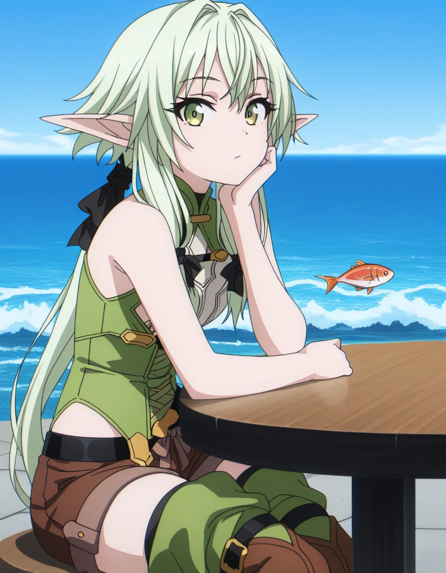 masterpiece, best quality, amazing quality,, <lora:high-elf-archer-s2-illustriousxl-lora-nochekaiser:1>, high elf archer, long hair, green eyes, bow, hair bow, black bow, sidelocks, green hair, pointy ears, elf, mature female, small breasts, anime screencap, thighhighs, boots, shorts, sleeveless, bare arms, thigh boots, brown footwear, brown shorts,, sitting, elbow rest, table,, ocean, waves, saltwater, fish, vast, cowboy shot, solo, looking at viewer