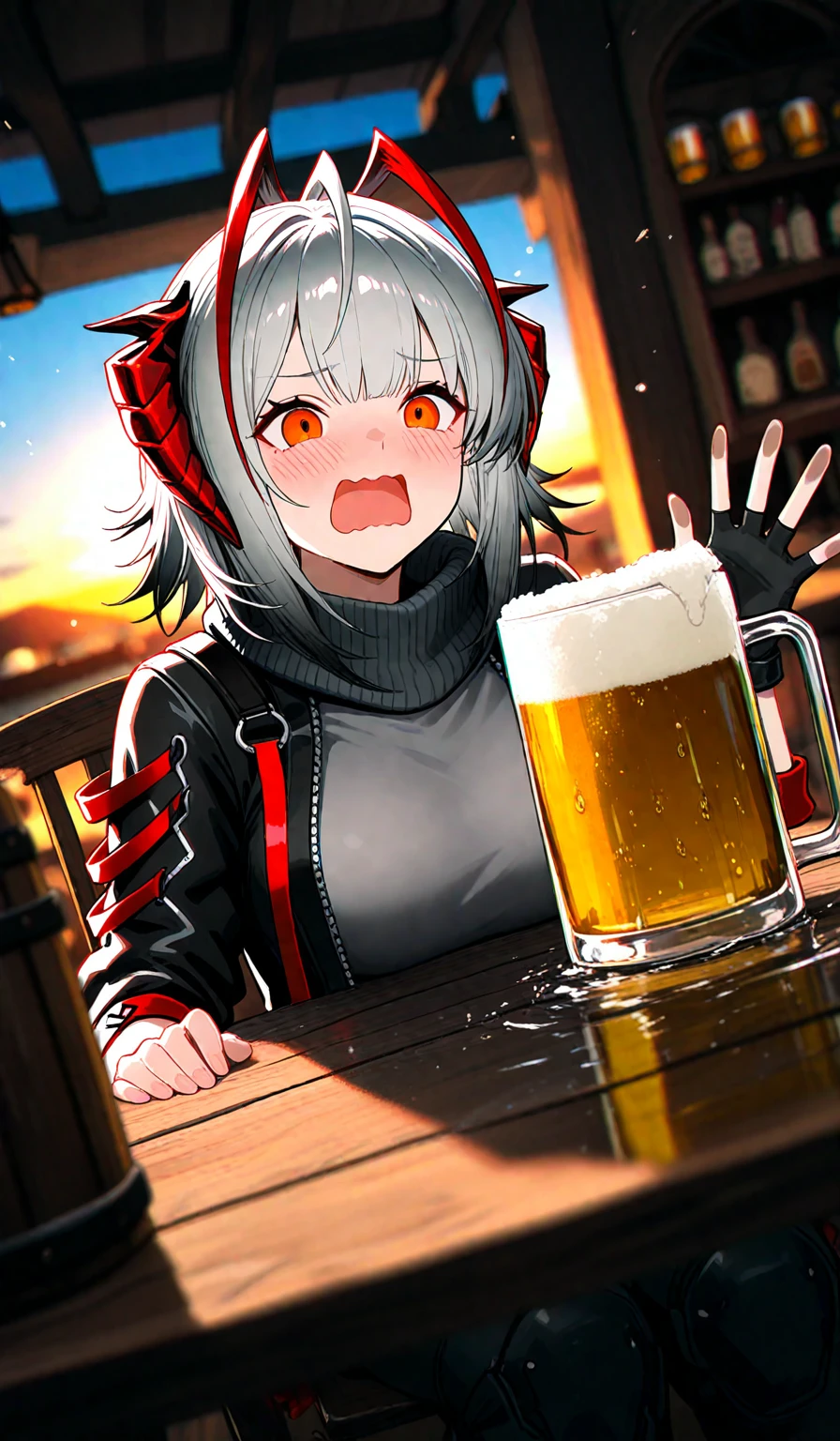 masterpiece, best quality, amazing quality, very aesthetic, absurdres, highres, newest, HDR, 8K, high detail, subtle, high contrast, real background, smooth shading, glossy surfaces, colorful depth,
1girl, solo,girl, w \(arknights\), orange eyes, white hair, Cider, glass, drop, drop of water, face through glass, blue sky, outdoors, bar, Beer in a keg, beer mug, happy, indoors, blush, open mouth, wavy mouth, meme face, >_<, screaming, table, chair, sitting, chromatic aberration, cinematic composition, natural lighting, front view, Bring your face close to the glass, dutch angle, (shallow depth of field:1.4), blurry foreground, lighting, particles, sunset,