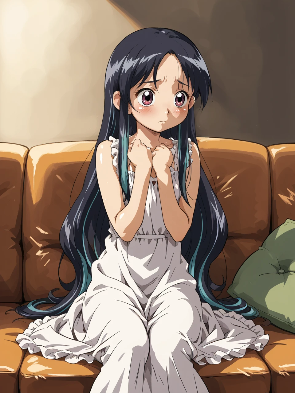 score_9, score_7_up, 2d, lineart,detailed background, dark room, dramatic lighting,
multicolored hair, long hair, shiny dress, shy expression, petite, cute, sfw, closeup, sitting, young, couch, blushing, looking away,
cirima, <lora:Cirima-pony:1>