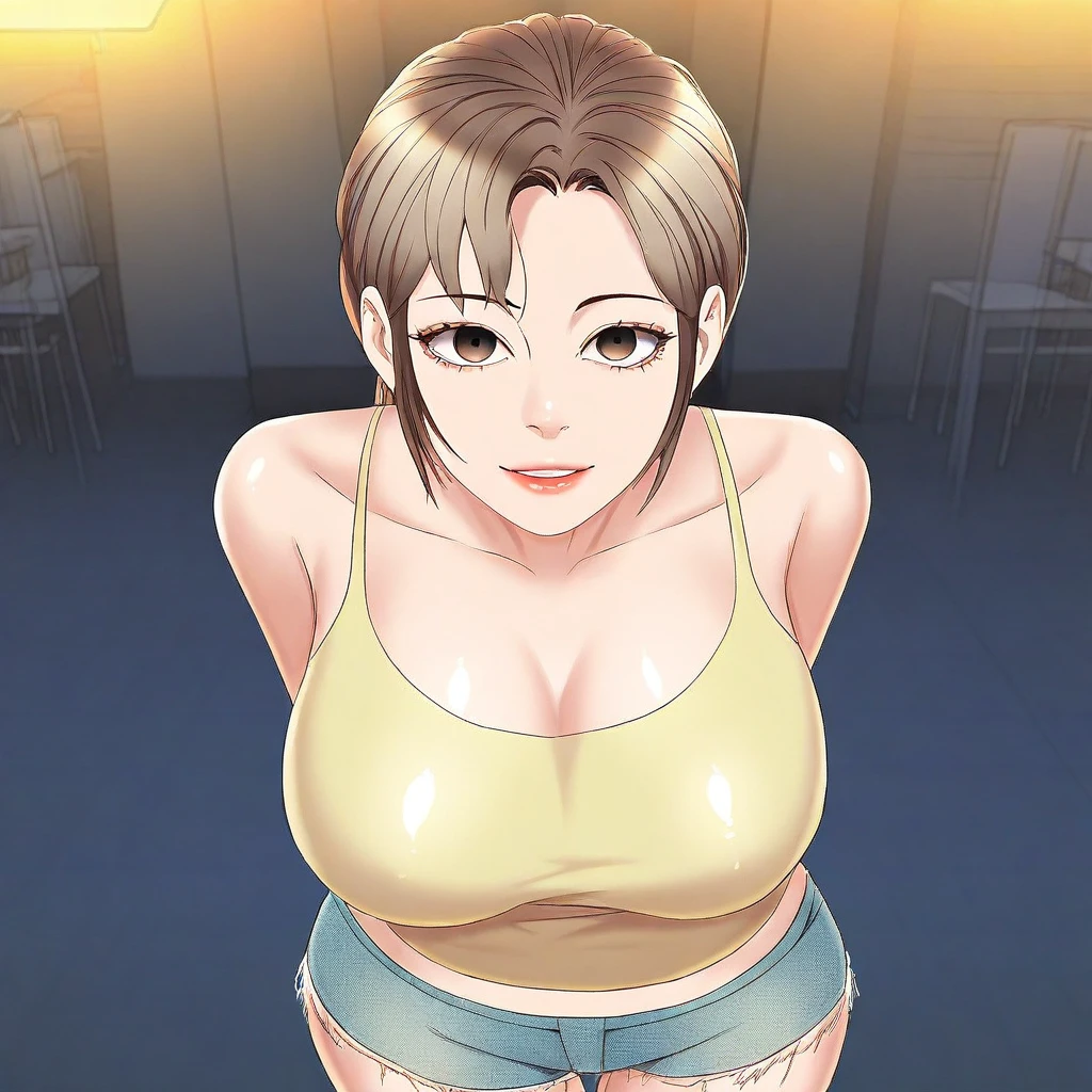 attractive korean woman, ripped muscle, muscular body, small breast, pale skin, smile(blush), nude, thin necklace, sixpack abs, [ultra detailed skin:1.2], brown hair, wavy hair, 8k uhd, full body, stand, crowd, public, night, office,