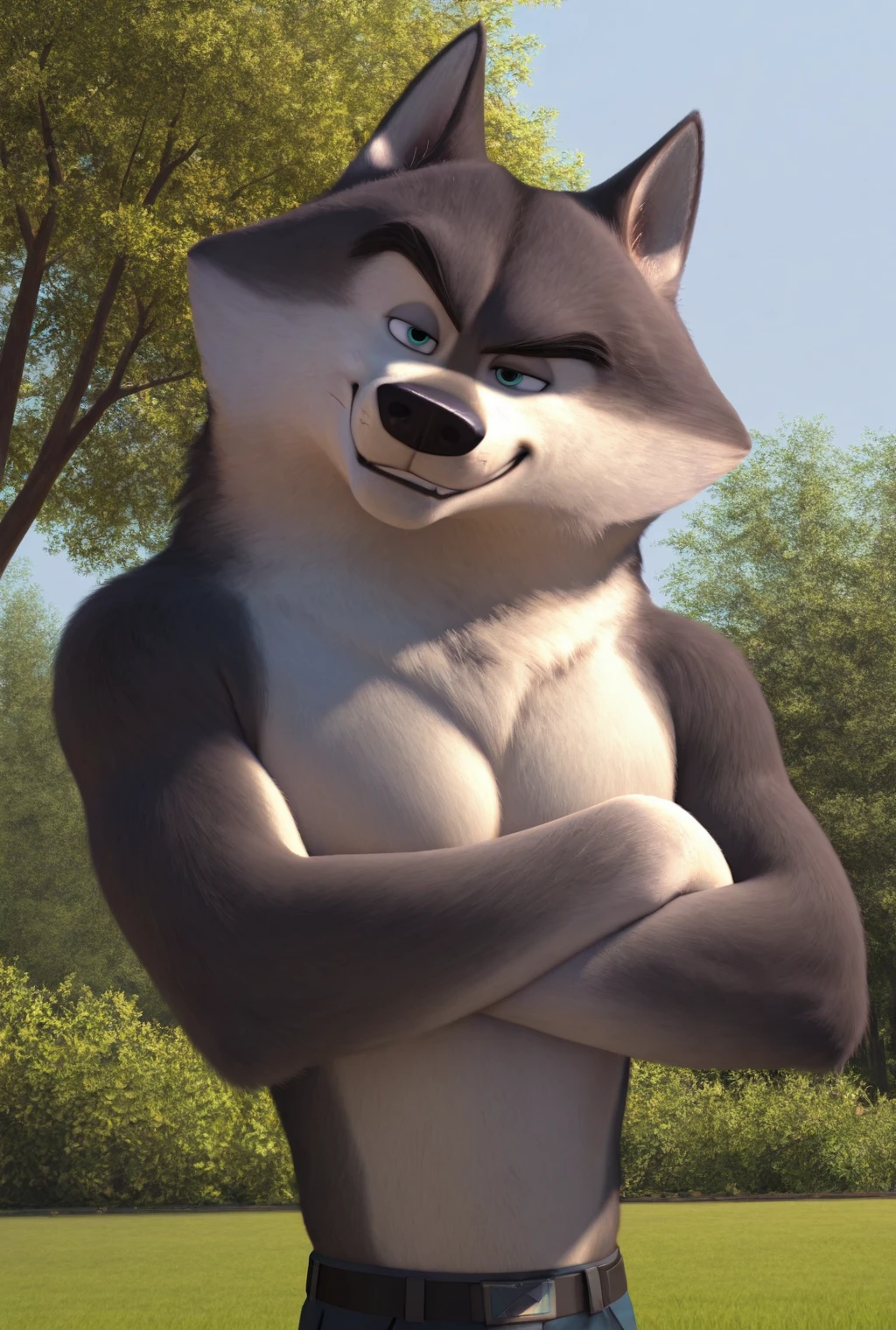 masterpiece, best quality, high quality, photorealism, front view, dynamic angle, low angle, smirk, anthro, agent classified, wolf, teal-blue eyes, gray fur, male solo, toned body, bara, muscular male, standing, arms crossed, clothed, shirtless, pants, grass, trees, outside background. <lora:Classified:1>