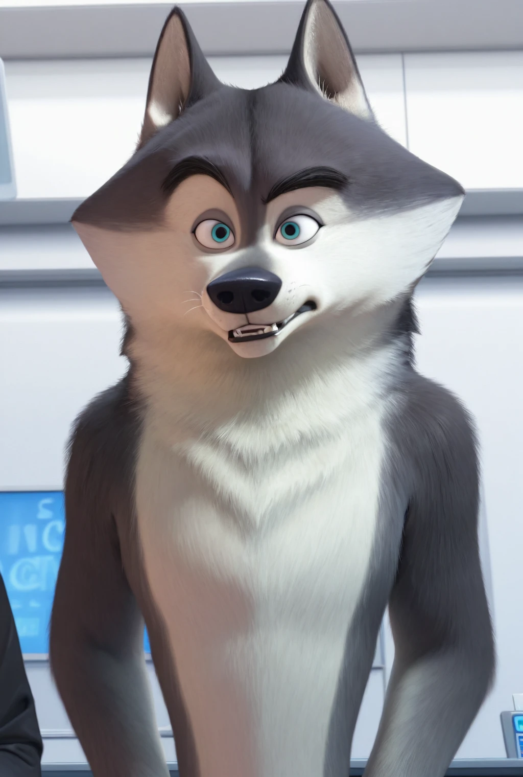 masterpiece, best quality, high quality, photorealism, close up, anthro, agentclassified, wolf, ((teal-blue eyes)), gray fur, male, white underbelly, humanoid body, toned body, standing, clothed, office building background <lora:Classified:1>