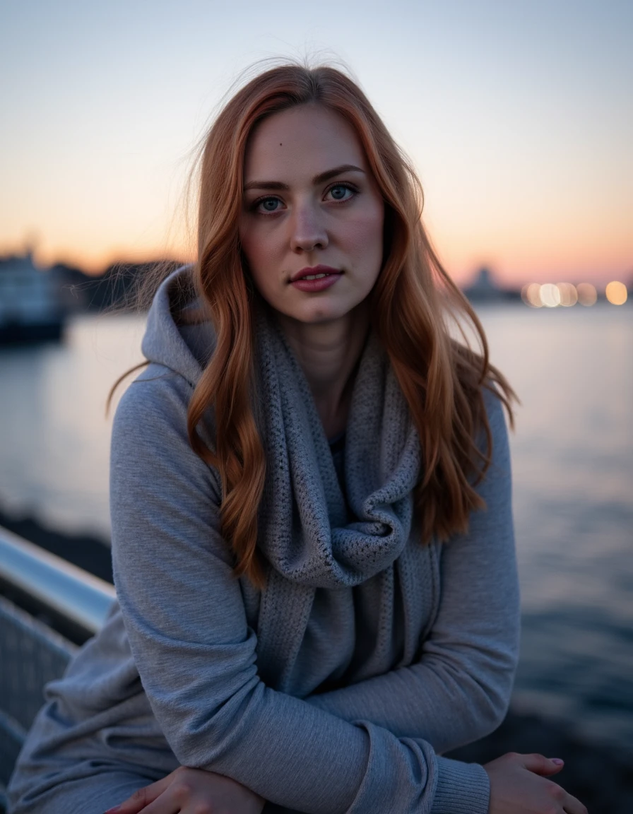 woman, Leaning on a harbor railing at twilight wearing a soft grey hoodie and scarf, aubrun red hair <lora:deborahannwoll:1>