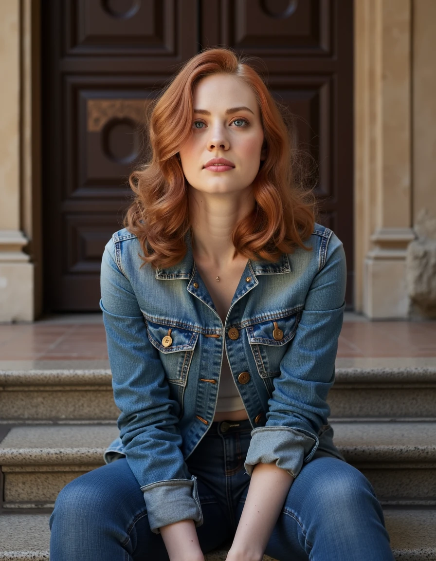 woman, Sitting on the steps of an old library wearing a denim jacket, aubrun red hair <lora:deborahannwoll:1>