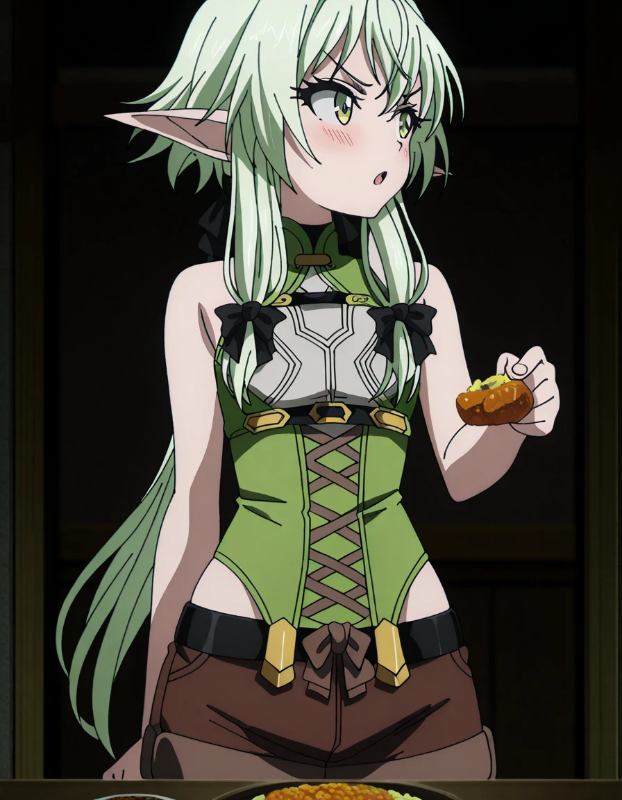 masterpiece, best quality, amazing quality,, <lora:high-elf-archer-s2-illustriousxl-lora-nochekaiser:1>, high elf archer, long hair, green eyes, bow, hair bow, black bow, sidelocks, green hair, pointy ears, elf, mature female, small breasts, anime screencap, <lora:tsundere-illustriousxl-lora-nochekaiser:1>, tsundere, incoming food, blush, food, open mouth, looking away, cowboy shot,
