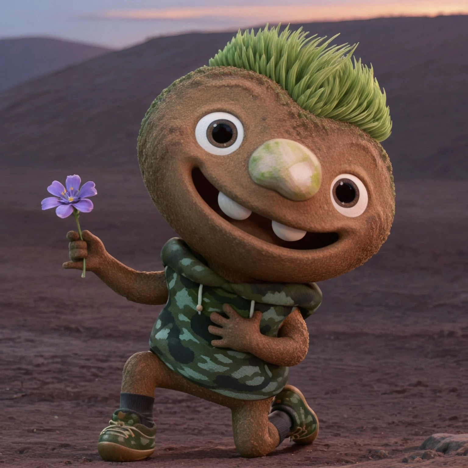 cartoon character wide face, clod, clod closeup portrait, evil smile emotions, smirk, holding a flower, flower in right hand, looking at side, blurred background