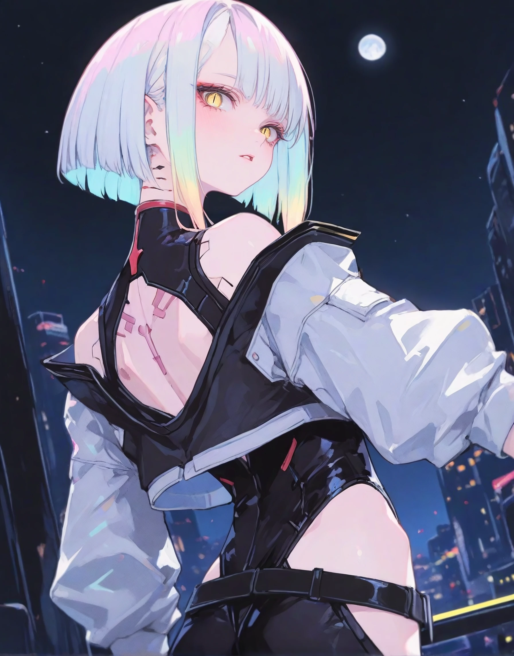 nsfw, ((best qualtiy)), ((tmasterpiece)), (the detail:1.4),Official art, unity 8k wallpaper, ultra detailed, beautiful, masterpiece, best quality, RAW, masterpiece, super fine photo,ULTRA-SHARP, best quality, super high Resolution, photorealistic, sunlight, full body portrait, stunningly beautiful,dynamic pose, delicate face, she is wearing mechanical futuristic white BODYSUIT with belt bondage,she indulges in masturbation,fingering pussy,she is looking viewer,straddling,Kneeling,lean on back,Highly detailed night-city background, detailed face, detailed complex busy background, high detailed skin, realistic skin details, visible pores, sharp focus, volumetric fog, 8k uhd, dslr camera, High quality, film grain, fair skin, photorealism,sprawling metropolis in a futuristic,hashful FACe