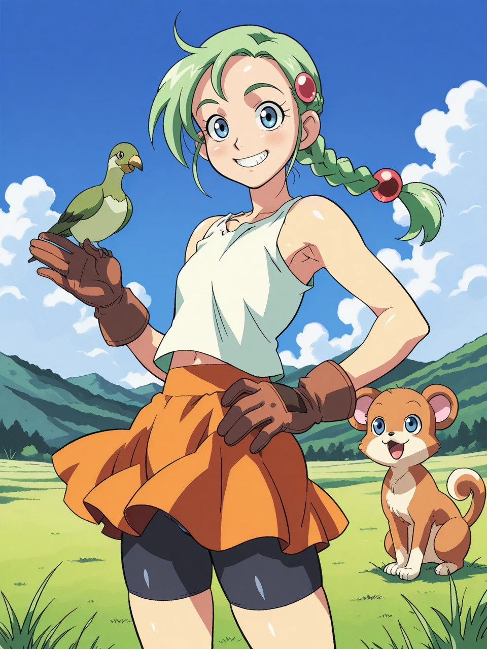 score_9, score_7_up, 2d, lineart,detailed background, sky, grass,
hair ornament, green hair,armpits, animal, bike shorts, gloves, braid, blue eyes, smile, skirt, petite, cute, sfw,
<lora:Cirima:1>, cirima,