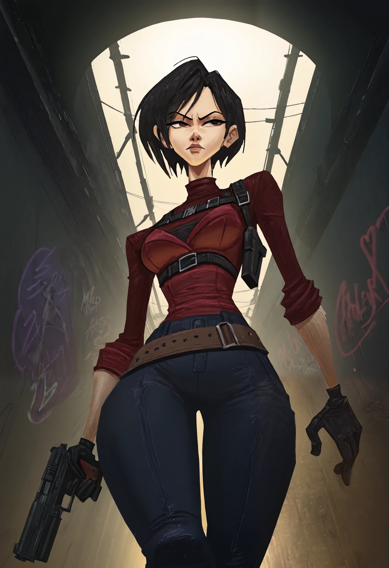 1girl, solo, ada wong, resident evil,solo, holding gun, cowboy shot, walking, serious, confidantl, half-body portrait, below view, in a dark tunnel, graffiti,(masterpiece), best quality, newest, highres,mulerarts, semi-realistic anime, soft colors palette, soft shading, smooth gradients