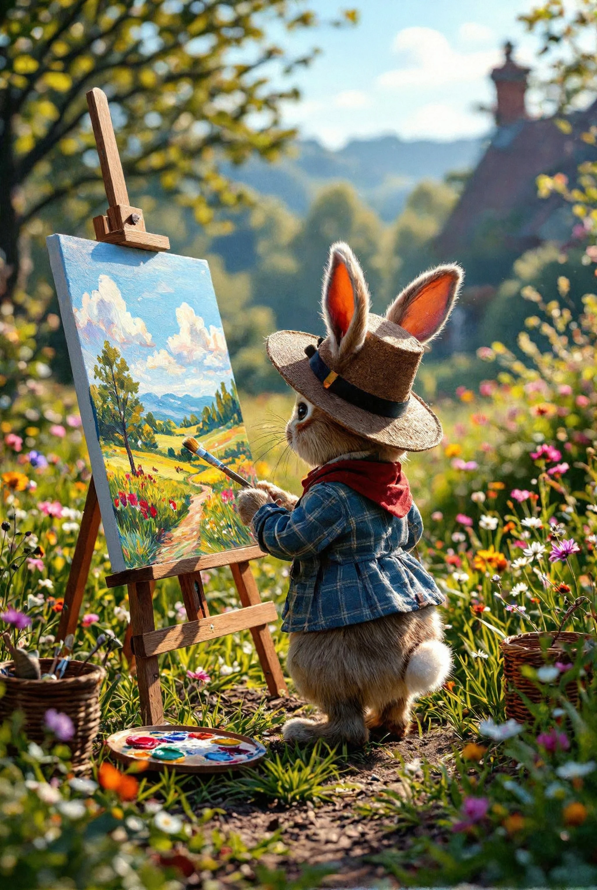 cinematic photo cinematic film still fairy tale cinematic film still Photo ((View , Peter Rabbit in staning front of an easel holding a paintbrush, painting a country landscape)). the Rabbit wearing a cylinder hat, Chibi style, cartoonish, landscape in the style of Alexander Nasmyth. Vibrant, beautiful, painterly, detailed, textural, artistic . shallow depth of field, vignette, highly detailed, bokeh, cinemascope, moody, epic, gorgeous, film grain, grainy <lora:xl_more_art-full_v1:0.5> . magical, fantastical, enchanting, storybook style, highly detailed . shallow depth of field, vignette, highly detailed, high budget, bokeh, cinemascope, moody, epic, gorgeous, film grain, grainy <lora:Hyper-SDXL-8steps-lora:1>, cinematic, colorful background, concept art, 8k, dramatic lighting, high detail, highly detailed, hyper realistic, intricate, intricate sharp details, octane render, smooth, studio lighting, trending on artstation., cinematic, colorful background, concept art, 8k, dramatic lighting, high detail, highly detailed, hyper realistic, intricate, intricate sharp details, octane render, smooth, studio lighting, trending on artstation., cinematic photorealistic, 8k uhd natural lighting, raw, rich, intricate details, key visual, atmospheric lighting, 35mm photograph, film, bokeh, professional, 4k, highly detailed . 35mm photograph, film, bokeh, professional, 4k, highly detailed