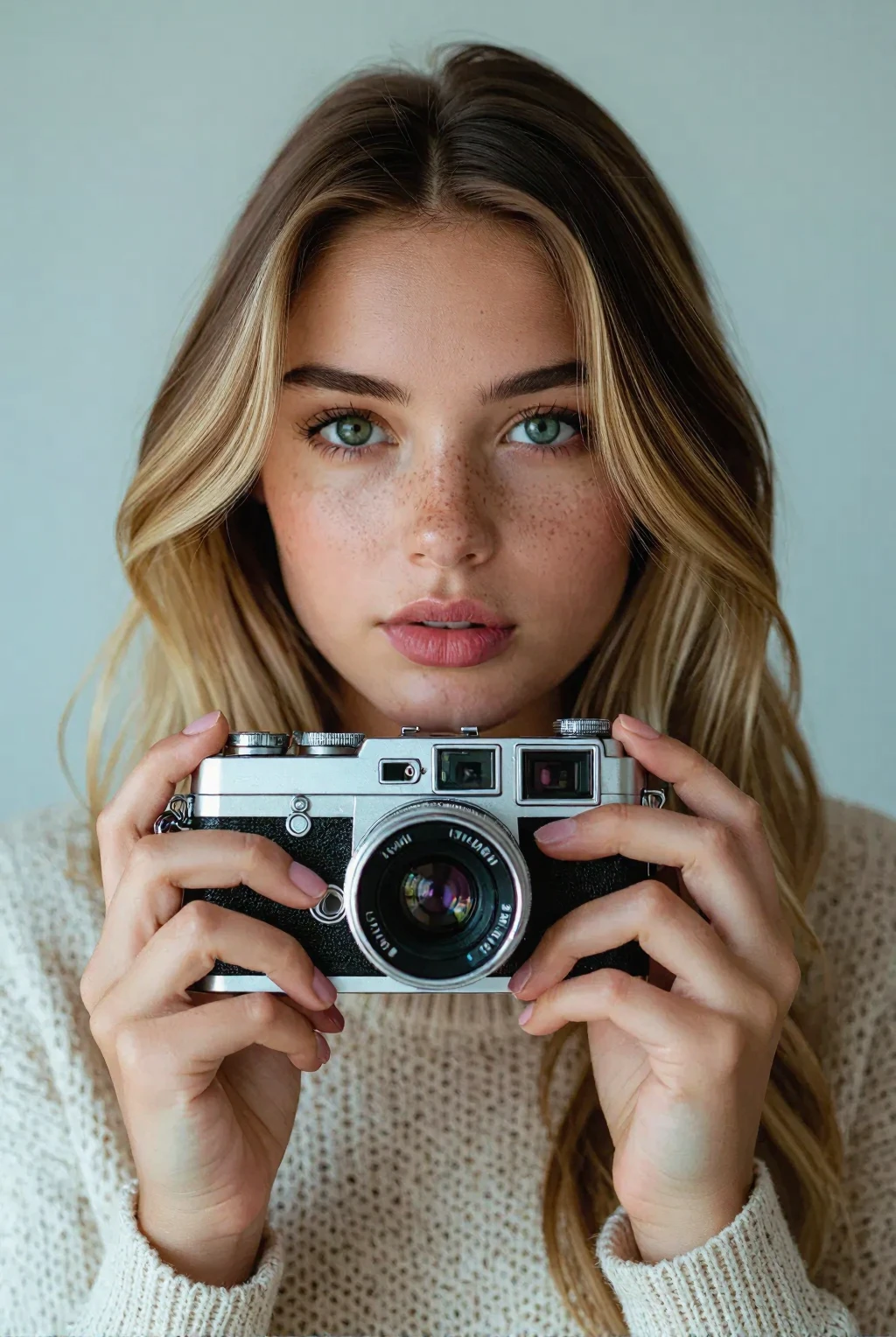 The image portrays a young woman with long, blonde hair holding a vintage camera close to her face, partially obscuring one of her eyes. She gazes directly into the lens with an intense, thoughtful expression. The photograph has a distinct cinematic and nostalgic aesthetic, with soft lighting, a grainy texture, and subtle color grading that gives it a vintage, film-like quality.

Subject and Composition
The subject's face is positioned slightly off-center, drawing immediate attention to her sharp and expressive features. Her well-defined eyebrows frame her deep-set eyes, which are slightly shadowed, adding to the introspective mood of the image. Her lips, which are slightly parted and tinted a natural red, contrast subtly with her smooth, pale skin. Strands of hair fall loosely across her face, reinforcing the unposed, organic nature of the portrait.

The camera she holds is an older model, silver and black with a rounded lens, possibly a vintage point-and-shoot film camera. Its reflective surface catches some light, making it a noticeable focal point. Her fingers gently rest on the camera's body, showcasing her relaxed grip, suggesting familiarity and comfort with the device. The camera partially obscures her left eye, creating an artistic and symbolic interplay between the act of capturing an image and being observed.

Lighting and Color Tone
The lighting in the image is soft and diffused, casting a gentle glow on the subject’s skin. There are no harsh shadows, which enhances the ethereal quality of the portrait. The overall color palette consists of muted greens, blues, and sepia tones, adding to the vintage ambiance. A slight light leak effect, visible on the left edge, introduces warm, reddish-orange hues, reinforcing the analog film aesthetic.

Depth and Focus
The background is blurred, placing the emphasis entirely on the woman and her camera. This shallow depth of field isolates the subject, directing attention to the details of her face and the textures of the camera. The soft blur of the background suggests an indoor or dimly lit setting, though specific environmental details are indistinct.

Mood and Interpretation
The image exudes a sense of quiet introspection and nostalgia. The subject’s expression is serious yet calm, with an enigmatic quality that invites viewers to interpret her emotions. The presence of the vintage camera further reinforces themes of memory, storytelling, and the passage of time. It suggests a personal connection to photography, hinting at themes of capturing fleeting moments or looking at the world through a different lens.

The film-like grain and light leaks contribute to the dreamlike atmosphere, making the image feel like a memory frozen in time. The muted tones evoke a feeling of solitude, while the subject’s direct gaze creates an intimate connection with the viewer.

Overall Impression
This photograph is a striking blend of portraiture and artistic storytelling. The careful composition, soft lighting, and vintage color grading work together to create an image that feels timeless and emotionally resonant. It is an evocative representation of personal reflection, the art of photography, and the beauty of capturing a moment that feels both contemporary and nostalgic.
