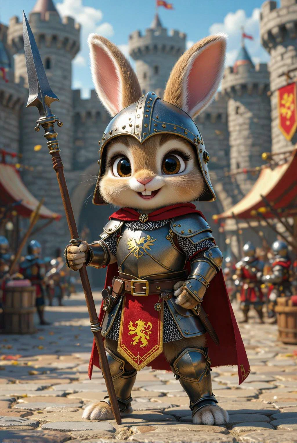 A movie film still, of a cute chibi little baby brown  (((with long fur))) ((big eyes)) fantasy medieval warrior  stands confidently in a dynamic pose smiling in the courtyard of a castle, holding a metal spear. The  is dressed in full armor, including a chainmail tunic, leather armor pieces, a helmet with small ear holes, and a red tabard with a golden lion crest. Its expressive face, with determined eyes and perky ears, shows readiness for battle. The courtyard is bustling with medieval activity, including soldiers training, market stalls, and stone walls surrounding the area. The scene exudes a sense of adventure and valor, with a historic and heroic atmosphere