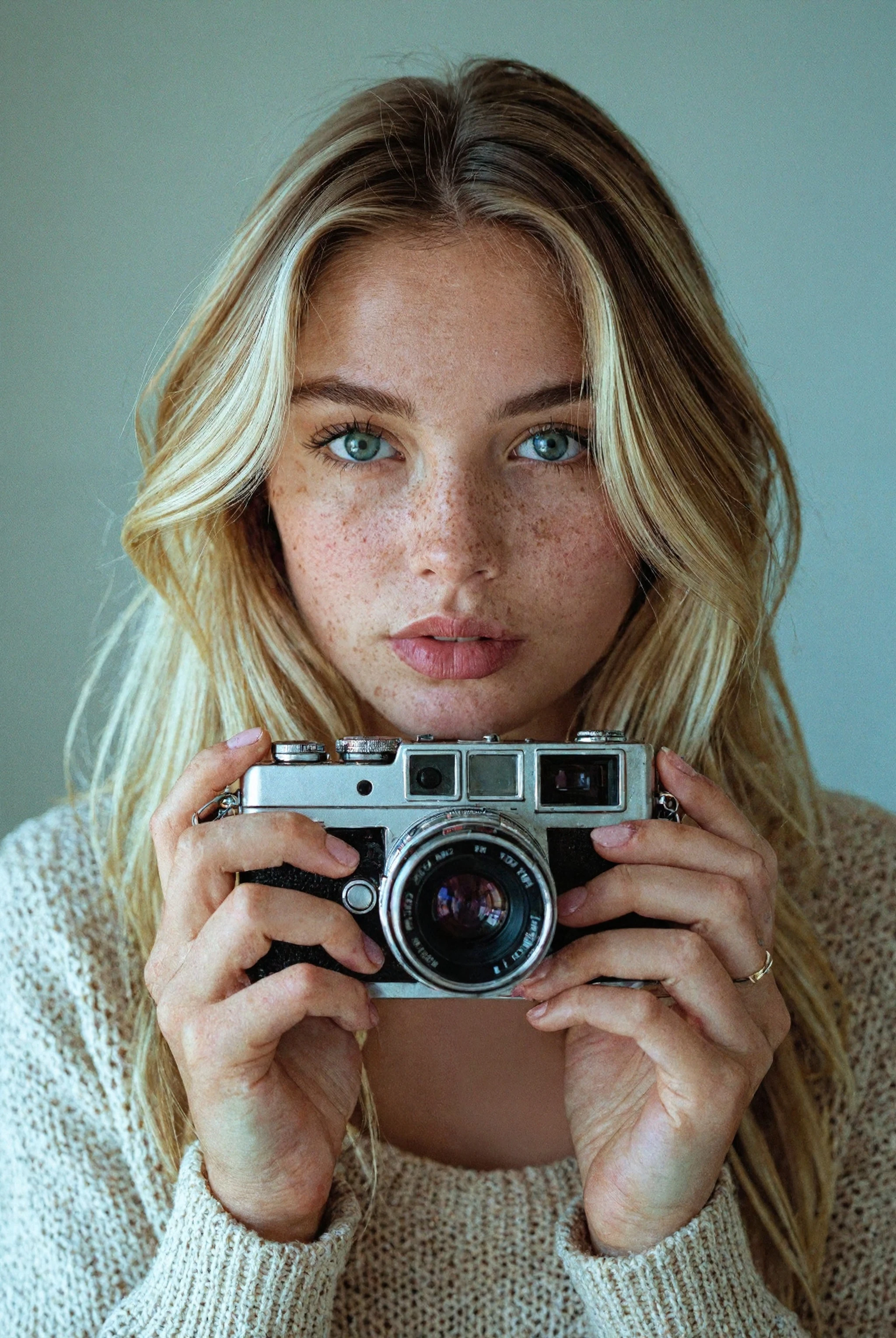 The image portrays a young woman with long, blonde hair holding a vintage camera close to her face, partially obscuring one of her eyes. She gazes directly into the lens with an intense, thoughtful expression. The photograph has a distinct cinematic and nostalgic aesthetic, with soft lighting, a grainy texture, and subtle color grading that gives it a vintage, film-like quality.

Subject and Composition
The subject's face is positioned slightly off-center, drawing immediate attention to her sharp and expressive features. Her well-defined eyebrows frame her deep-set eyes, which are slightly shadowed, adding to the introspective mood of the image. Her lips, which are slightly parted and tinted a natural red, contrast subtly with her smooth, pale skin. Strands of hair fall loosely across her face, reinforcing the unposed, organic nature of the portrait.

The camera she holds is an older model, silver and black with a rounded lens, possibly a vintage point-and-shoot film camera. Its reflective surface catches some light, making it a noticeable focal point. Her fingers gently rest on the camera's body, showcasing her relaxed grip, suggesting familiarity and comfort with the device. The camera partially obscures her left eye, creating an artistic and symbolic interplay between the act of capturing an image and being observed.

Lighting and Color Tone
The lighting in the image is soft and diffused, casting a gentle glow on the subject’s skin. There are no harsh shadows, which enhances the ethereal quality of the portrait. The overall color palette consists of muted greens, blues, and sepia tones, adding to the vintage ambiance. A slight light leak effect, visible on the left edge, introduces warm, reddish-orange hues, reinforcing the analog film aesthetic.

Depth and Focus
The background is blurred, placing the emphasis entirely on the woman and her camera. This shallow depth of field isolates the subject, directing attention to the details of her face and the textures of the camera. The soft blur of the background suggests an indoor or dimly lit setting, though specific environmental details are indistinct.

Mood and Interpretation
The image exudes a sense of quiet introspection and nostalgia. The subject’s expression is serious yet calm, with an enigmatic quality that invites viewers to interpret her emotions. The presence of the vintage camera further reinforces themes of memory, storytelling, and the passage of time. It suggests a personal connection to photography, hinting at themes of capturing fleeting moments or looking at the world through a different lens.

The film-like grain and light leaks contribute to the dreamlike atmosphere, making the image feel like a memory frozen in time. The muted tones evoke a feeling of solitude, while the subject’s direct gaze creates an intimate connection with the viewer.

Overall Impression
This photograph is a striking blend of portraiture and artistic storytelling. The careful composition, soft lighting, and vintage color grading work together to create an image that feels timeless and emotionally resonant. It is an evocative representation of personal reflection, the art of photography, and the beauty of capturing a moment that feels both contemporary and nostalgic.