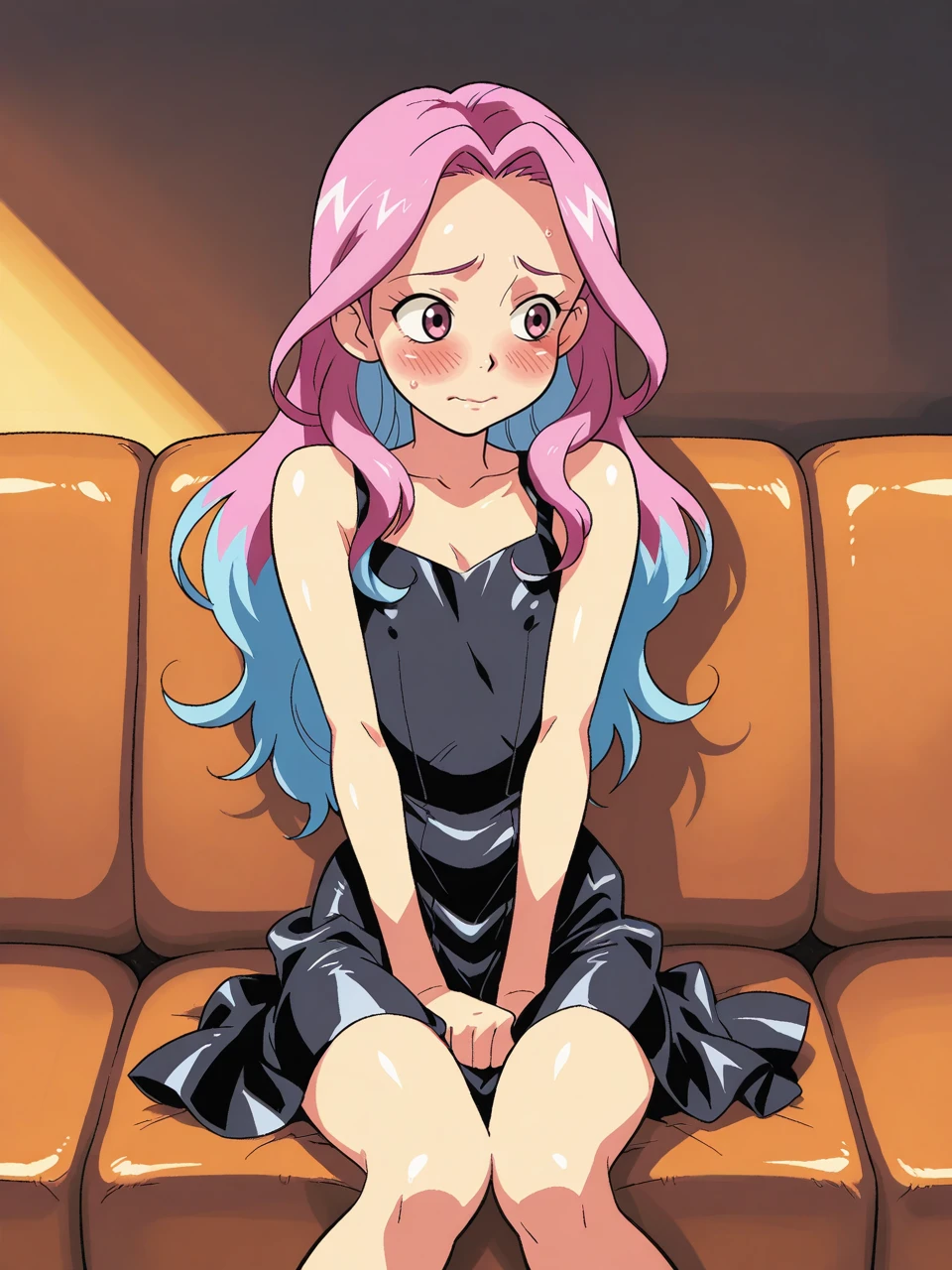 score_9, score_7_up, 2d, lineart,detailed background, dark room, dramatic lighting,
multicolored hair, long hair, shiny dress, shy expression, petite, cute, sfw, closeup, sitting, young, couch, blushing, looking away,
<lora:Cirima:1>, cirima,