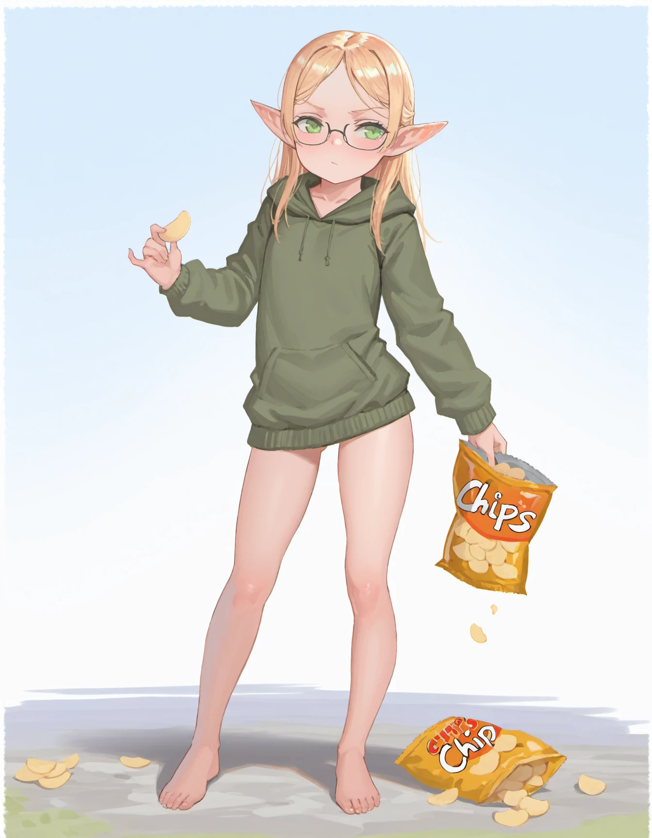 masterpiece, beautifully drawn, elegantly detailed, dynamic pose, watercolor \(medium\), alph0ns3, 1girl, pointy ears, barefoot, glasses, solo, hood, hoodie, chips (food), blonde hair, elf,
<lora:alphonse_style_illustrious_fix_epoch_6:0.9>,