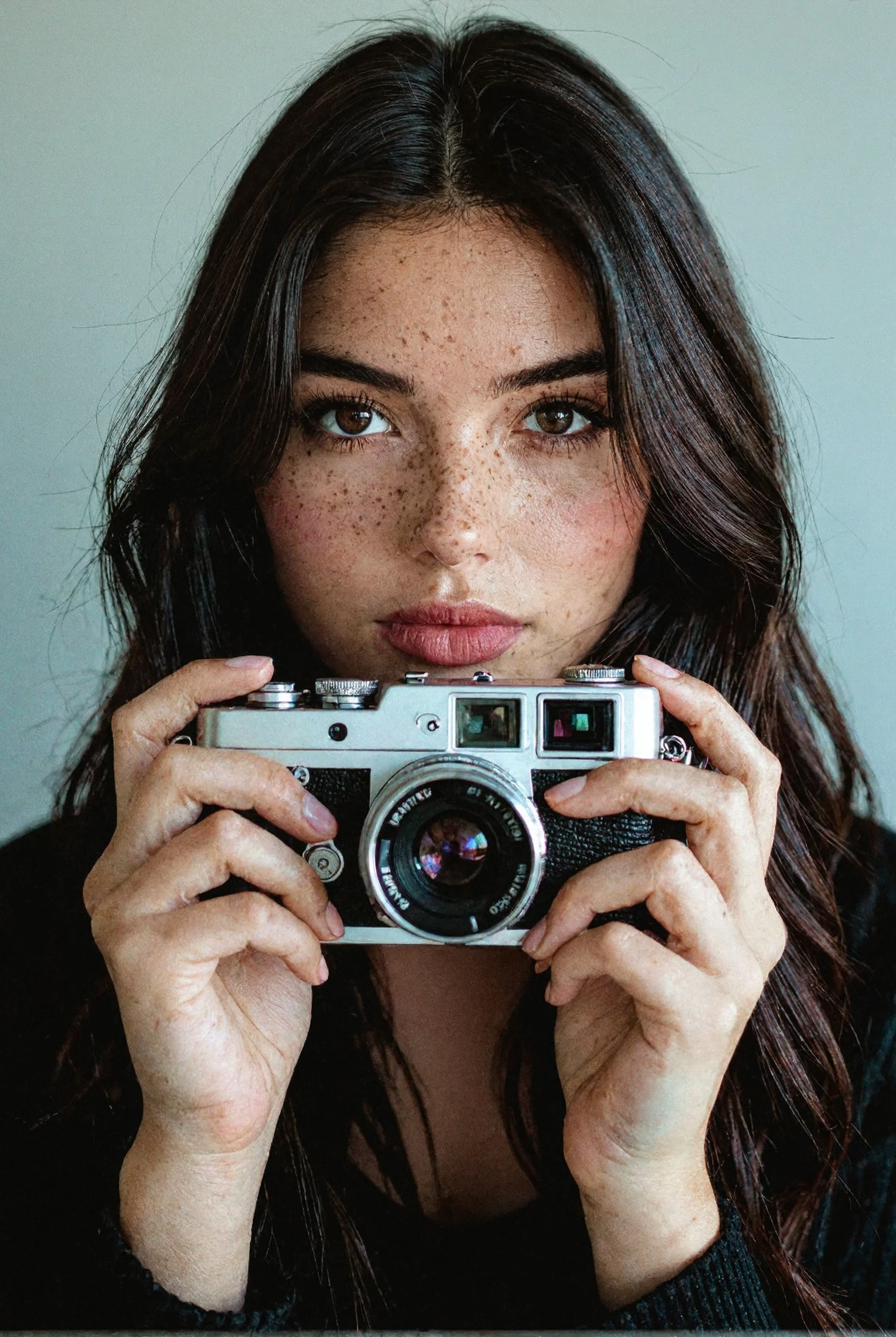 The image portrays a young woman with long, dark hair holding a vintage camera close to her face, partially obscuring one of her eyes. She gazes directly into the lens with an intense, thoughtful expression. The photograph has a distinct cinematic and nostalgic aesthetic, with soft lighting, a grainy texture, and subtle color grading that gives it a vintage, film-like quality.

Subject and Composition
The subject's face is positioned slightly off-center, drawing immediate attention to her sharp and expressive features. Her dark, well-defined eyebrows frame her deep-set eyes, which are slightly shadowed, adding to the introspective mood of the image. Her lips, which are slightly parted and tinted a natural red, contrast subtly with her smooth, pale skin. Strands of hair fall loosely across her face, reinforcing the unposed, organic nature of the portrait.

The camera she holds is an older model, silver and black with a rounded lens, possibly a vintage point-and-shoot film camera. Its reflective surface catches some light, making it a noticeable focal point. Her fingers gently rest on the camera's body, showcasing her relaxed grip, suggesting familiarity and comfort with the device. The camera partially obscures her left eye, creating an artistic and symbolic interplay between the act of capturing an image and being observed.

Lighting and Color Tone
The lighting in the image is soft and diffused, casting a gentle glow on the subject’s skin. There are no harsh shadows, which enhances the ethereal quality of the portrait. The overall color palette consists of muted greens, blues, and sepia tones, adding to the vintage ambiance. A slight light leak effect, visible on the left edge, introduces warm, reddish-orange hues, reinforcing the analog film aesthetic.

Depth and Focus
The background is blurred, placing the emphasis entirely on the woman and her camera. This shallow depth of field isolates the subject, directing attention to the details of her face and the textures of the camera. The soft blur of the background suggests an indoor or dimly lit setting, though specific environmental details are indistinct.

Mood and Interpretation
The image exudes a sense of quiet introspection and nostalgia. The subject’s expression is serious yet calm, with an enigmatic quality that invites viewers to interpret her emotions. The presence of the vintage camera further reinforces themes of memory, storytelling, and the passage of time. It suggests a personal connection to photography, hinting at themes of capturing fleeting moments or looking at the world through a different lens.

The film-like grain and light leaks contribute to the dreamlike atmosphere, making the image feel like a memory frozen in time. The muted tones evoke a feeling of solitude, while the subject’s direct gaze creates an intimate connection with the viewer.

Overall Impression
This photograph is a striking blend of portraiture and artistic storytelling. The careful composition, soft lighting, and vintage color grading work together to create an image that feels timeless and emotionally resonant. It is an evocative representation of personal reflection, the art of photography, and the beauty of capturing a moment that feels both contemporary and nostalgic.
