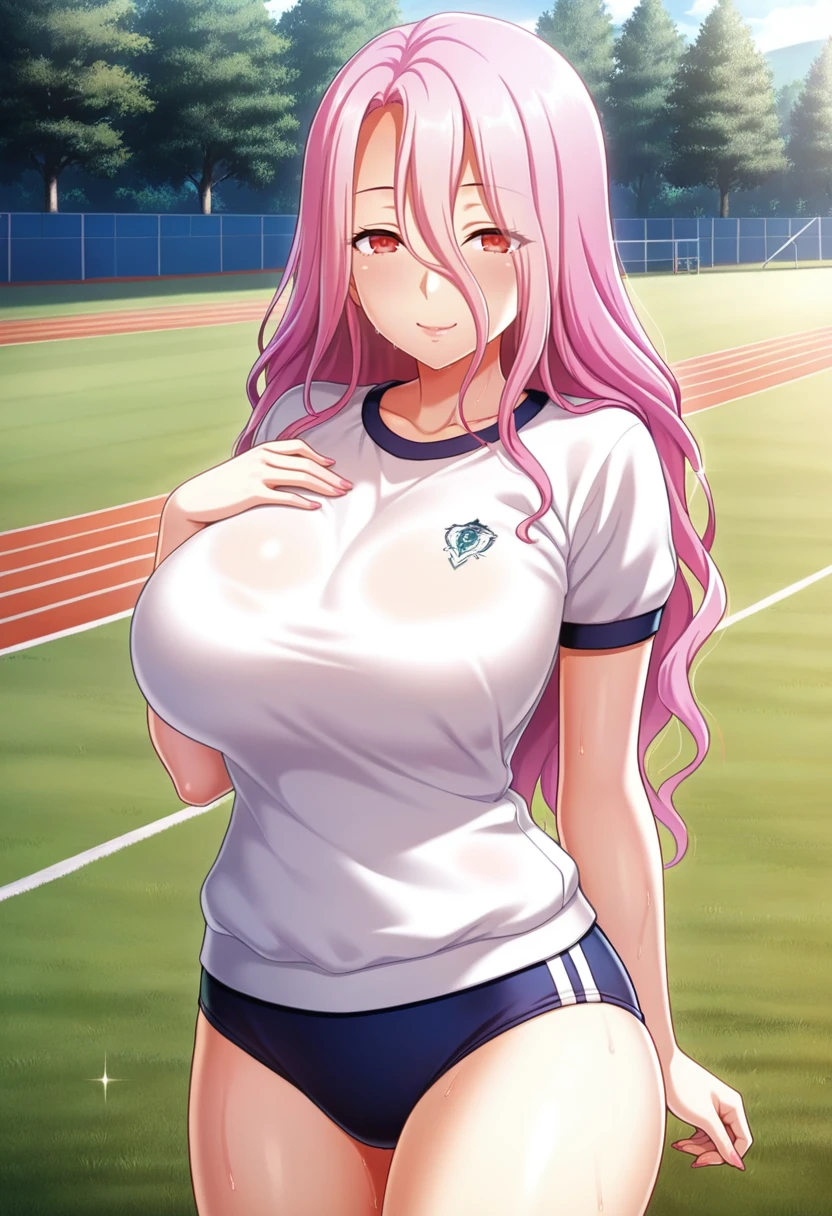 NSFW, Hoshino, Hoshino_Blue_Archive, sport clothes, sweaty, one eye red other yellow, bangs, visible eyes, bright smile, standing, sports field, see through clothes, breasts, hands up, smug, no underwear, really tight clothes, labia Majora, cameltoe, bodily fluids, nip