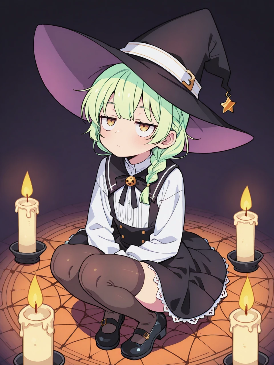 score_9, score_7_up, 2d, lineart,1girl,
witch hat, black footwear, jitome, green hair, braid, white shirt, cute, petite, sfw, fully clothed, posing, closeup, knees, stockings, dark background, cobwebs, candlelight, looking up,
<lora:Ogata_Zen:1> ogata zen,