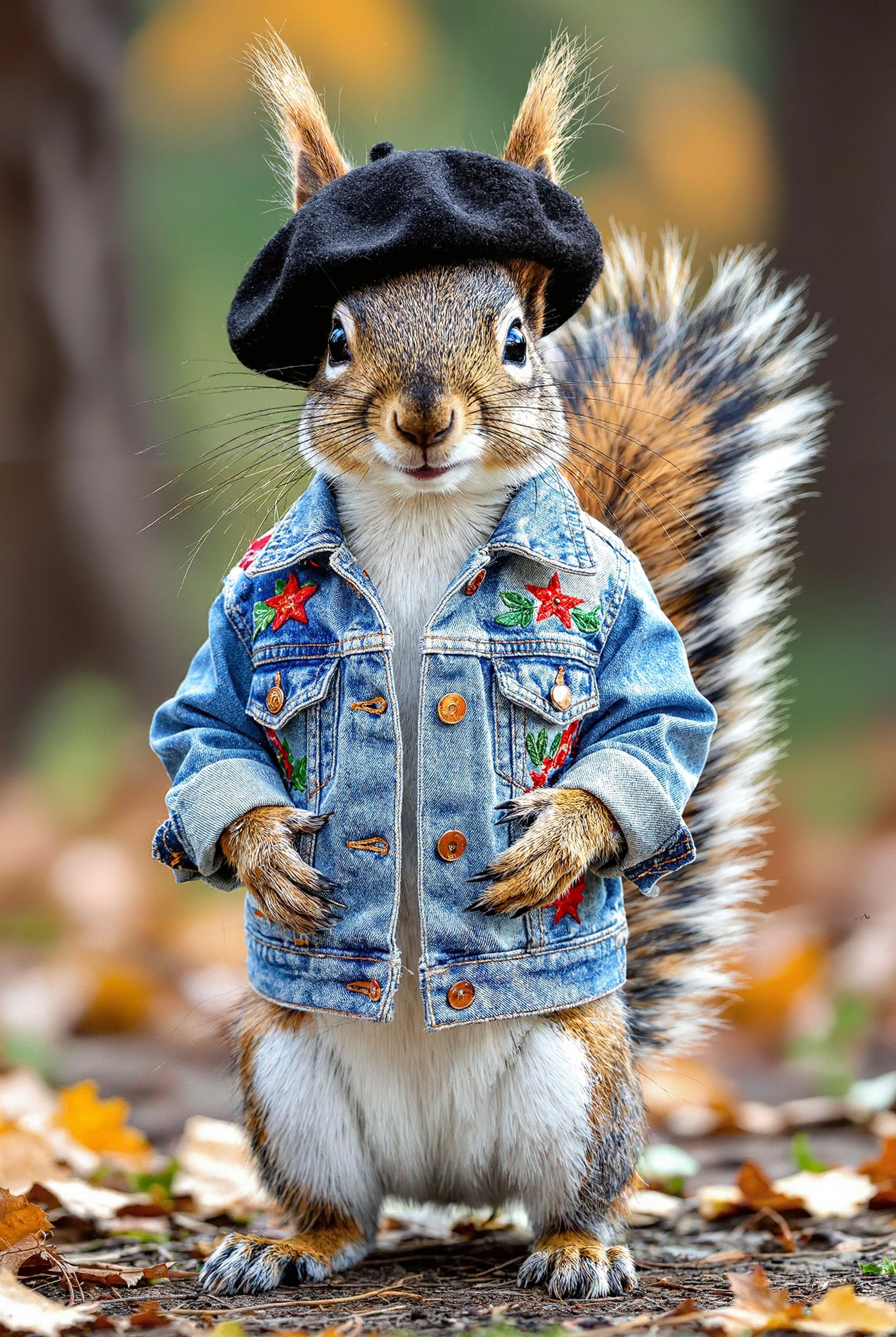 Create a charming and whimsical portrait of a squirrel standing upright with a confident, playful expression. The squirrel should have soft, realistic fur with a blend of rich brown, tan, and white tones, and a large, fluffy tail fanning out behind it. The squirrel’s eyes should be bright, lively, and expressive, capturing a sense of intelligence and mischief.

Dress the squirrel in stylish, miniature human clothing: a well-fitted blue denim jacket adorned with colourful patches and embroidered designs, including red stars and green leafy motifs. The jacket should have visible stitching, copper buttons, and rolled-up sleeves to show off the squirrel’s small, clawed paws.

Top off the outfit with a snug black beret slightly tilted to one side, adding an artistic and bohemian flair. The beret should have a soft, slightly textured look, suggesting warm wool material. Ensure that the clothing looks naturally worn by the squirrel, with careful attention to the fit and how it adjusts to the animal’s body shape.

Set the background to be softly blurred with warm natural tones, suggesting an outdoor woodland environment without drawing attention away from the subject. Use a shallow depth of field effect to keep the squirrel sharply in focus while the backdrop remains smooth and unobtrusive.

The overall mood should feel light-hearted, stylish, and a little cheeky, like a fashionable woodland character ready for an adventure. The image should have a clean, polished look with natural lighting to emphasise the textures of the fur, fabric, and the sparkle in the squirrel’s eyes.

Capture a balance between realism and fantasy, making the scene believable yet delightfully imaginative.