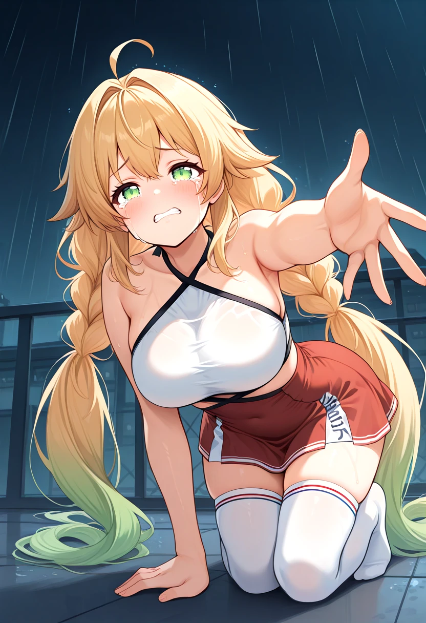hoshino ruby, blonde hair, long hair, one side up, red eyes, mismatched pupils, star-shaped pupils, nsfw, large breasts, nipple, naked, nude, sea, Highway, flooded, running, Building FIRE, Heavy snowfall, Peeing, lactation, projectile lactation