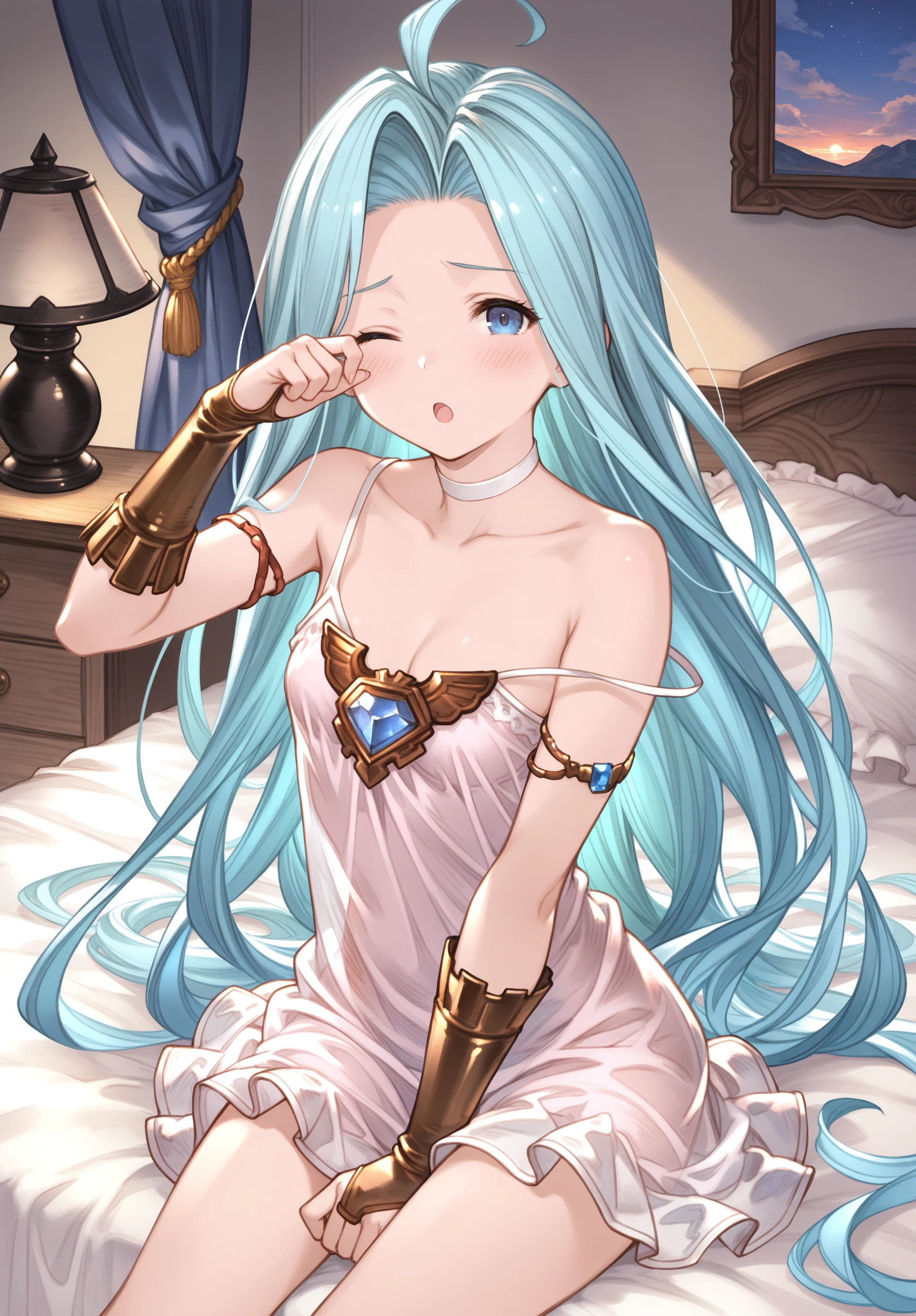 ((blue eyes,blue hair,,elf,pointy ears,naked,kneeling,blush,collar,leash,sweat,covered in cum,after sex,waving,empty eyes,squinnying,tears,cry,on the bed,in the dark room))