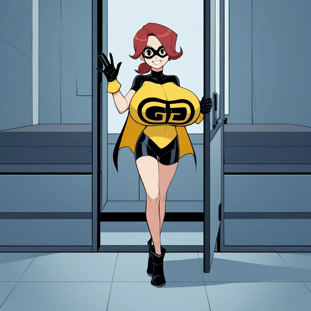 <lora:GG:0.8>, 1girl , 1boy, ponytail, domino mask, bike shorts, cape, yellow shirt, (((GG))), punching, clenched fist, action shot, black eyes, huge breasts, suit, gun, holding weapon, outdoors, 1950s