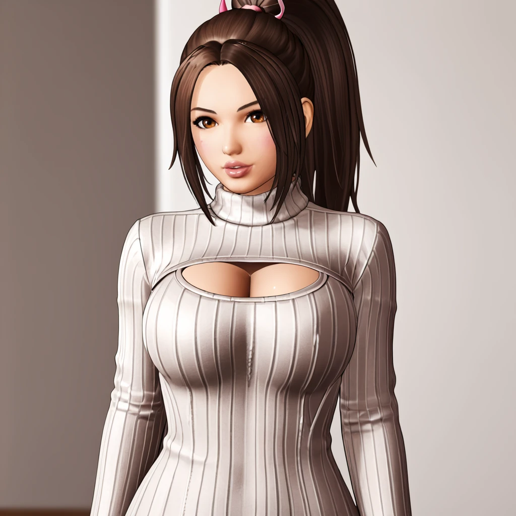 <lora:MaiCOTW_pony_v1:.8> MaiCOTW, 1girl, large breasts, high ponytail, brown hair, long hair, lips, brown eyes, cowboy shot, <lora:open-chest-sweater-ponyxl-lora-nochekaiser:1> open-chest sweater, ribbed sweater, cleavage cutout, meme attire, clothing cutout, turtleneck, sweater dress, cleavage, clothes tug, sweater pull, cleavage reach,