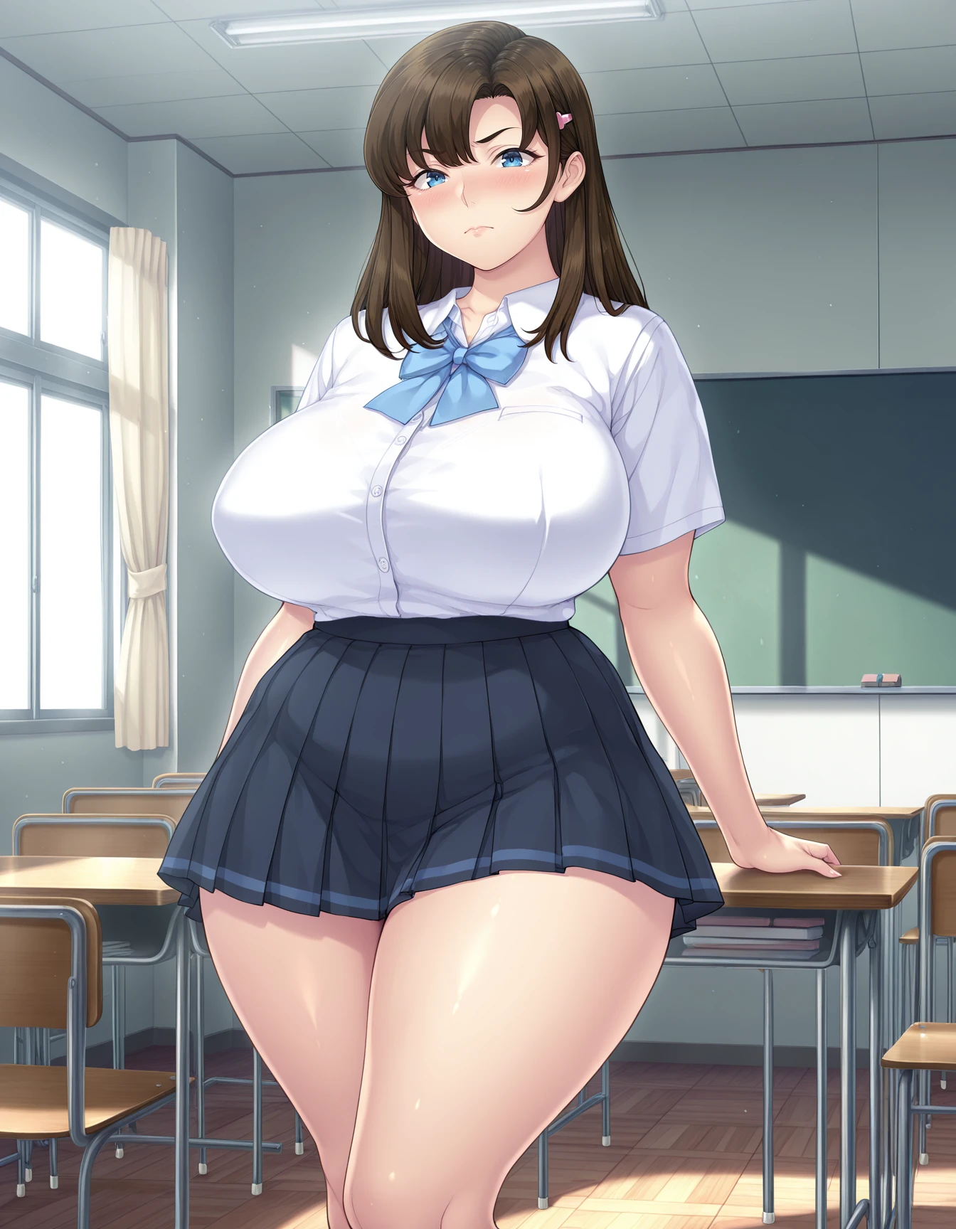 (masterpiece), best quality, (16k), expressive eyes, perfect face, office lady, 1 girl, solo, huge breast, navel, ((topless)), (((wet cobalt blue solid pencil mini skirt))), bare arms, bare legs, shiny skin, wet body, indoors, in the office room, brown hair, lower ponytail, wet hair, brown eyes, walking, smile, :D, (cowboy shot),