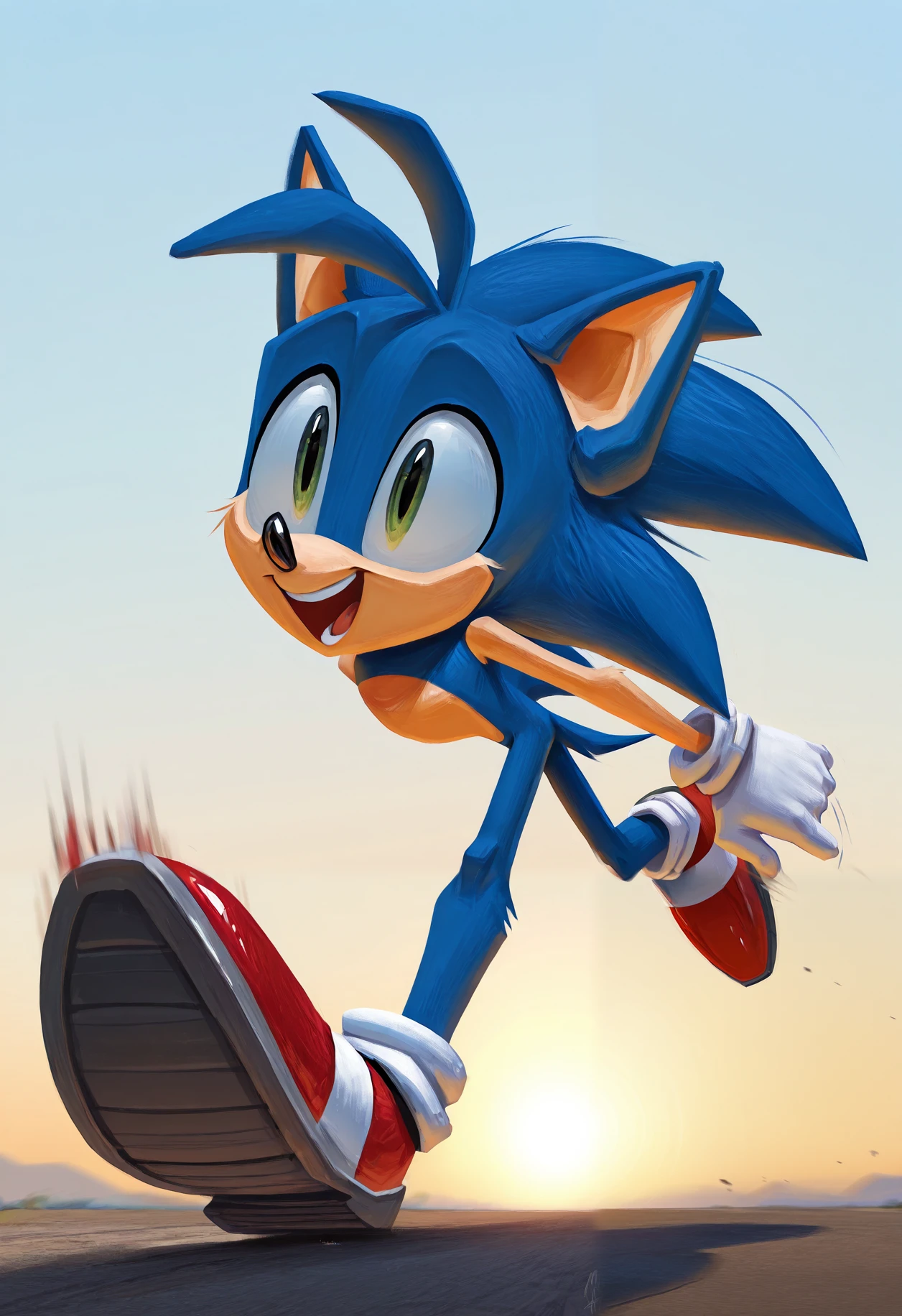 1boy, solo, sonic the hedgehog, sonic the hedgehog \(series\), happy, running, leaning forward, looking forward, (motion blur:1.5), hands back, three-quarter view,(masterpiece), best quality, newest, highres,mulerarts, semi-realistic anime, soft colors palette, soft shading, smooth gradients