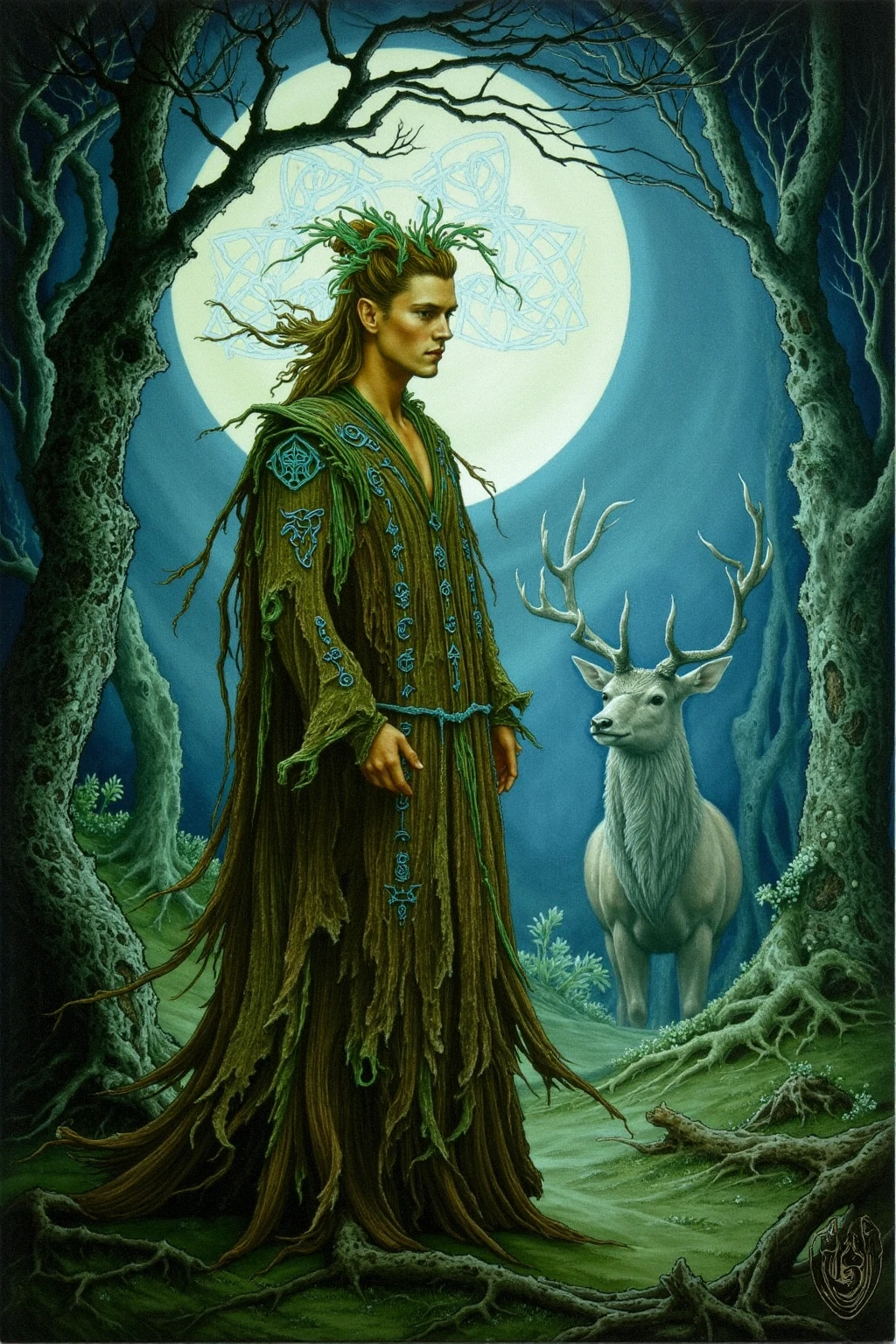 (scratch art style), (Arthur Rackham:1.3), (Paul Signac:1.4), (virgin forest:1.5), (Shinto:1.2), (eerie:1.2), (Giant Deer God:1.3), (three eyes:1.6), (smoke:1.2), roar, fearless smile, tattoo, swell, moss-covered, Flock of birds, moon, (perfect anatomy:1.3), ((master piece)), (ultra-detailed:1.2), (detailed light)(simple oil painting in a style to Bill Sienkiewicz)