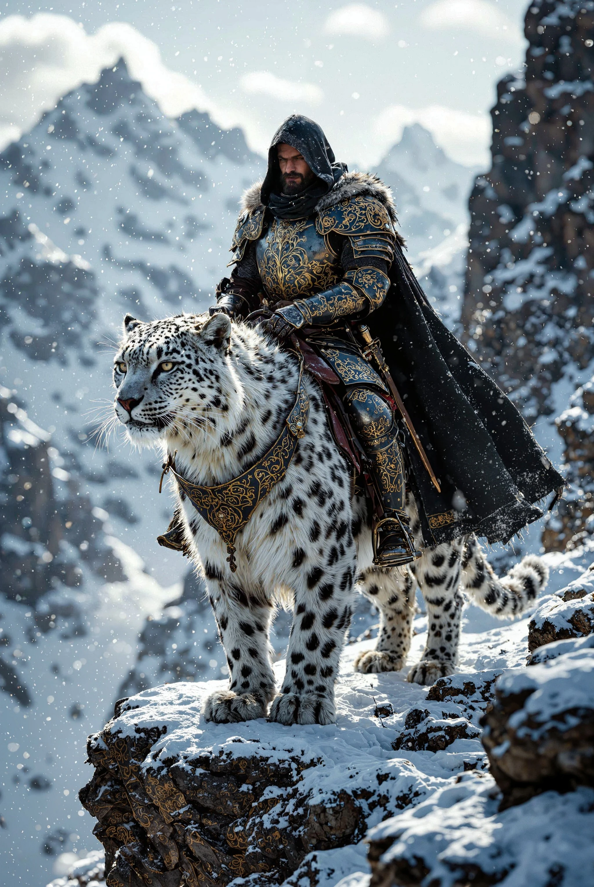 A lone warrior knight clad in antique steel plate armor etched with swirling gold filigree rides a colossal snow‑leopard mount along a narrow, windswept granite ledge high in a frozen mountain range. The knight’s heavy, hooded wool cloak—charcoal gray and dusted with frost—billows in the alpine gusts, framing a stern, bearded visage and piercing hazel eyes fixed on the distant pass. Beneath him, the snow leopard’s thick ivory coat, patterned with deep charcoal rosettes and flecked with fresh flakes of snow, ripples over powerful muscles; its ice‑blue eyes scan the abyss while misty breath curls in the frigid air. Jagged cliffs plunge into swirling clouds below, and distant glaciers dissolve into a slate‑blue haze of falling snow, creating an epic backdrop of isolation and untamed grandeur. Cinematic low‑angle hero shot, wide 35 mm lens at f/2.8, ISO 100; soft, diffused polar light filters through overcast skies, producing gentle rim highlights and volumetric rays that silhouette the pair. Hyper‑realistic 8 K detail, Unreal Engine 5 quality with ray‑traced global illumination, finely rendered fur, weathered metal, subtle fabric textures. Teal‑and‑steel color palette, cold temperature grade, slight film grain, high‑contrast clarity boost on armor and whiskers. Mood: mythic, adventurous, promotional poster energy—majestic companionship against a perilous, silent, snow‑laden world.