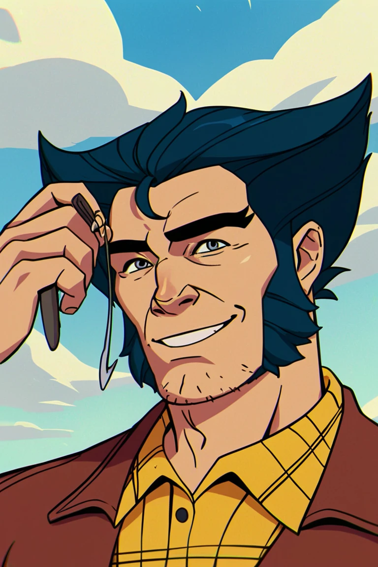 score_9, score_8_up, score_7_up, score_6_up, score_5_up, score_4_up, anime coloring, logan, 1boy, solo, male focus, mature male, short hair, dark blue hair, grey eyes, thick eyebrows, facial hair, stubble, cleft chin, long sideburns, mutton chops, wrinkled skin, manly, yellow shirt, plaid shirt, collared shirt, fur-trimmed jacket, brown jacket, smile, toothpick, looking at viewer, facing viewer, portrait, upper body, outdoors, blue sky, cloud, sunset <lora:Logan - X-Men 97 - v1.0 [LoRA] - Pony V6 XL:0.8>