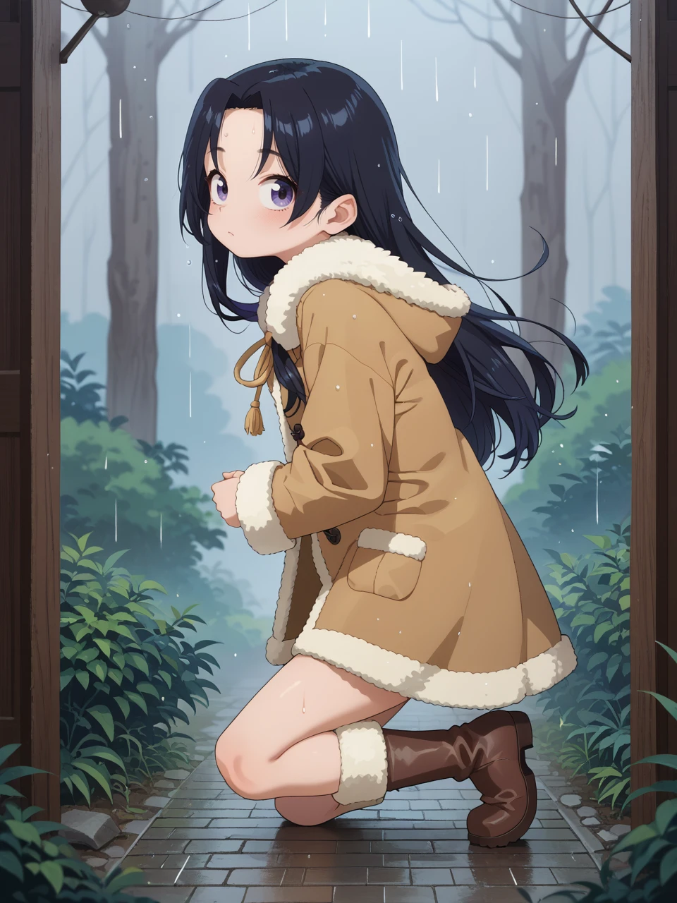 score_9, score_7_up, 2d, lineart,1girl,
solo, cute, kneeling, side view, leg raise, rain boots, long hair, fur coat, clothed,
ogata zen, <lora:Ogata_Zen-000009:0.9>