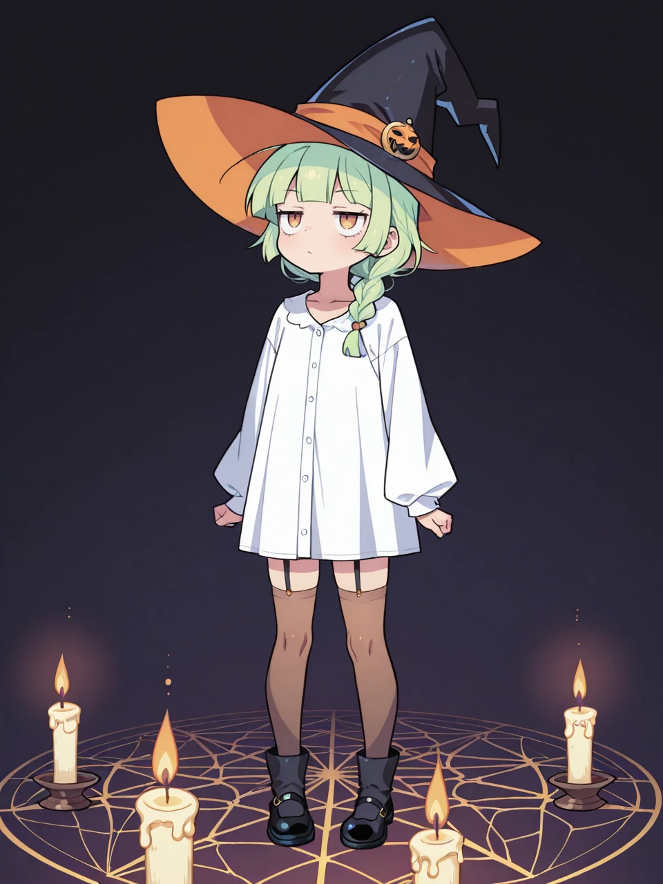 score_9, score_7_up, 2d, lineart,1girl,
witch hat, black footwear, jitome, green hair, braid, white shirt, cute, petite, sfw, fully clothed, posing, closeup, knees, stockings, dark background, cobwebs, candlelight, looking up,
 <lora:Ogata_Zen:1> ogata zen,