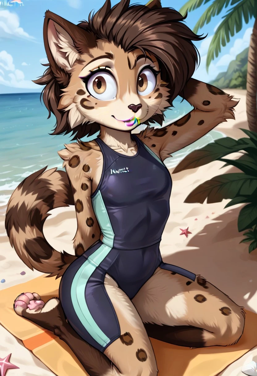 Beautiful, (masterpiece), high quality, perfect lighting, Highly detailed CG Unity 8k wallpaper, High resolution, perfect lighting, youthful, tall, slim, skinny, frail slender figure, slim legs, distinctly feminine figure, narrow hips, long legs, close up, youthful, tall, slim, anthro lynx character, sultry gaze over shoulder at camera, distinctly feminine figure, thick, fuzzy, fluffy, volumetric silver-gray fur with black spots, long legs, exiting swimming pool, dripping wet two-piece swimsuit, slicked-back ear tufts, CG Unity, late afternoon glow, water droplets glistening on fur, one foot still in water, hip cocked to side, tail curled around leg, manicured claws, focus on curvaceous hips and back