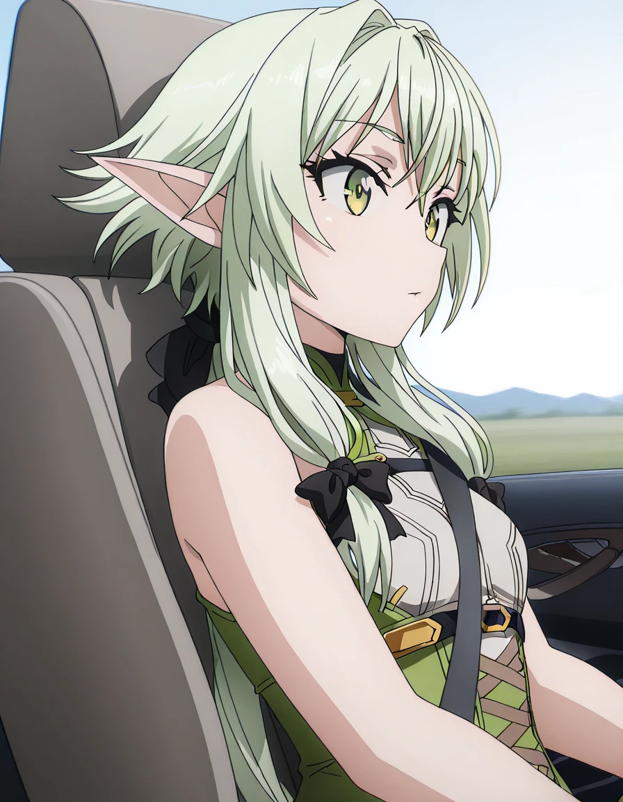masterpiece, best quality, amazing quality,, <lora:high-elf-archer-s2-illustriousxl-lora-nochekaiser:1>, high elf archer, long hair, green eyes, bow, hair bow, black bow, sidelocks, green hair, pointy ears, elf, mature female, small breasts, anime screencap, <lora:strap-between-breasts-illustriousxl-lora-nochekaiser:1> strap between breasts, sitting, ground vehicle, between breasts, motor vehicle, car, driving, car interior, seatbelt,,