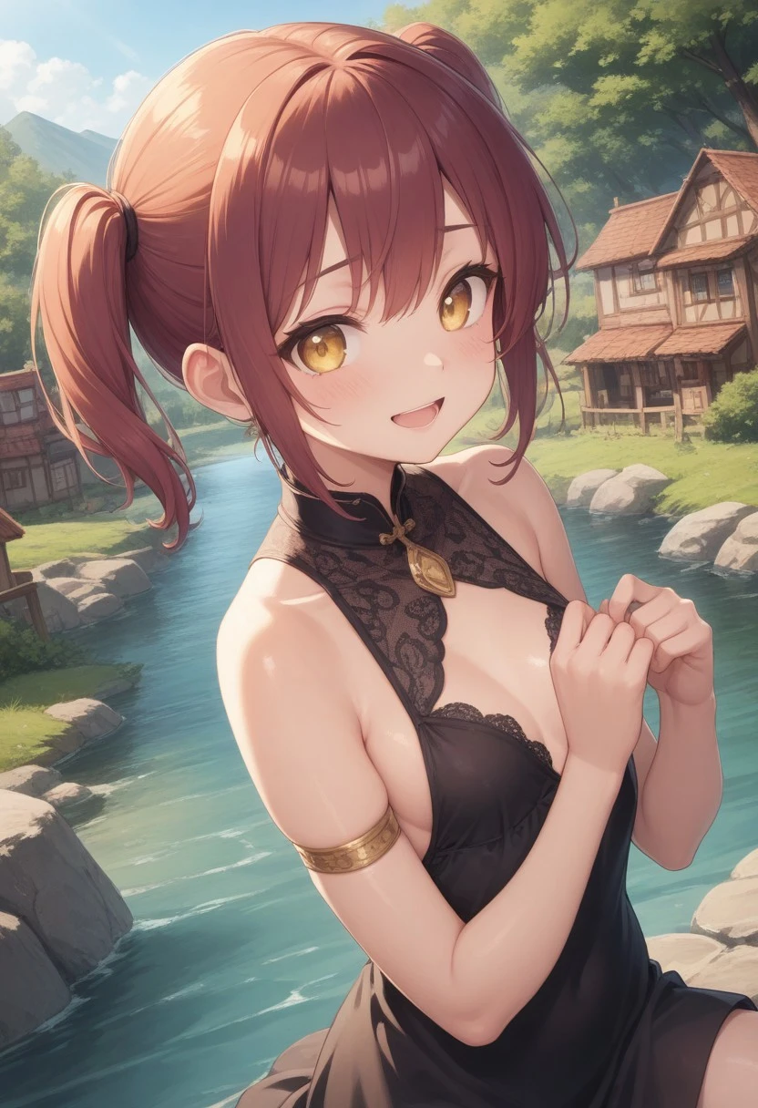 ((16k, highest quality, master piece: 1.2, super detailed, super high resolution, super detailed)), Chinese ink painting, 1 girl, Glass Wonder \(umamusume\), Chestnut Hair, one girl, animal ears, horse tail, Blue Eyes, exposed shoulders, fashionable, elegance, charming, seductive, gorgeous, stunning, charming cleavage, lovely, charming, cute, beautiful detailed face, beautiful detailed eyes, soft expression, slim Beautiful figure, curvaceous, moderate bust, slender arms, graceful hands, delicate fingers, slim wrists, elegant neck, bare shoulders, smooth skin, Seaside, sandy beach, squatting, Outdoors, blue sky,((Bikini Swimwear, drenched, Wet skin)), (smile:1.6)