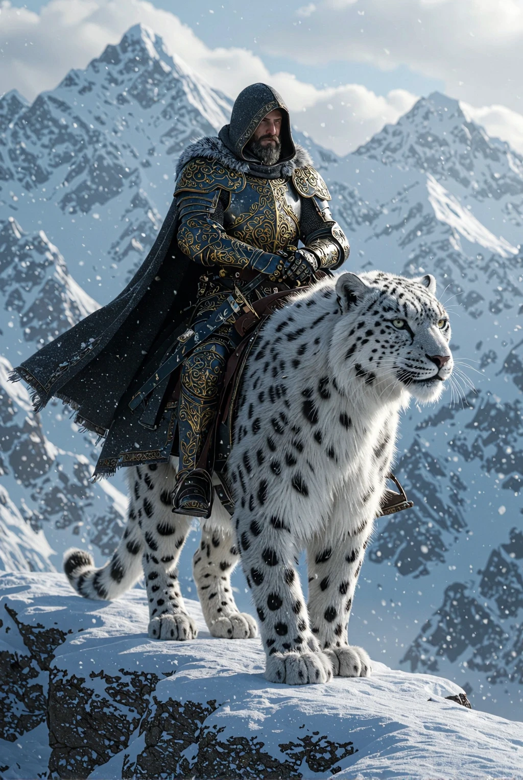 A lone warrior knight clad in antique steel plate armor etched with swirling gold filigree rides a colossal snow‑leopard mount along a narrow, windswept granite ledge high in a frozen mountain range. The knight’s heavy, hooded wool cloak—charcoal gray and dusted with frost—billows in the alpine gusts, framing a stern, bearded visage and piercing hazel eyes fixed on the distant pass. Beneath him, the snow leopard’s thick ivory coat, patterned with deep charcoal rosettes and flecked with fresh flakes of snow, ripples over powerful muscles; its ice‑blue eyes scan the abyss while misty breath curls in the frigid air. Jagged cliffs plunge into swirling clouds below, and distant glaciers dissolve into a slate‑blue haze of falling snow, creating an epic backdrop of isolation and untamed grandeur. Cinematic low‑angle hero shot, wide 35 mm lens at f/2.8, ISO 100; soft, diffused polar light filters through overcast skies, producing gentle rim highlights and volumetric rays that silhouette the pair. Hyper‑realistic 8 K detail, Unreal Engine 5 quality with ray‑traced global illumination, finely rendered fur, weathered metal, subtle fabric textures. Teal‑and‑steel color palette, cold temperature grade, slight film grain, high‑contrast clarity boost on armor and whiskers. Mood: mythic, adventurous, promotional poster energy—majestic companionship against a perilous, silent, snow‑laden world.