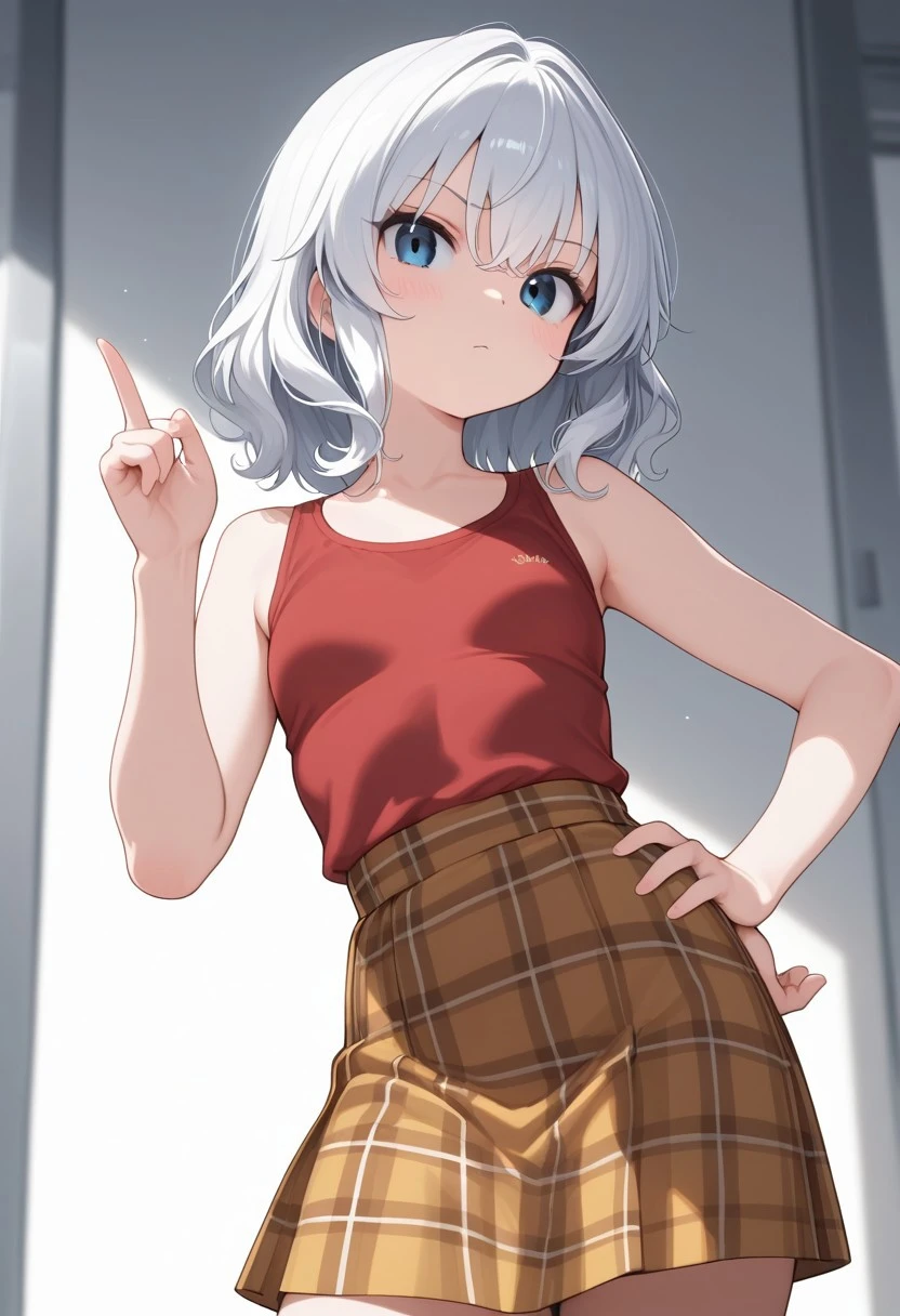 (masterpiece:1.2, best quality), (highly detailed:1.3), 1girl, medium hair, white hair, unkempt hair, braid, loose t-shirt, leaning forward, small breasts, nipple, extended downblouse,