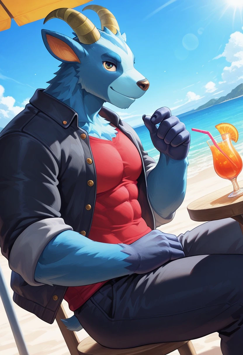 masterpiece, best quality, newest, absurdres, HD, 4K, male, male focus, 1boy, (goat), blue fur, anthro, abs, pecs, dynamic angle, dim lighting, solo, sitting, solo, side view, (in tiki bar), looking at viewer, hoof, (drink cocktail), beach background, summer, day, smile, black jacket, red shirt